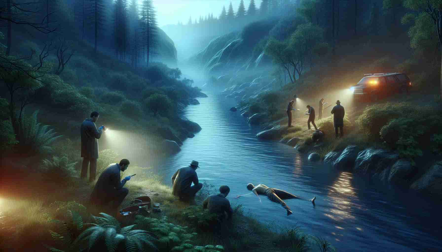 Generate a realistic high-definition image showcasing the event of discovering a mysterious body in a remote river. The river should be flowing through a secluded, wild landscape, possibly in a forest or mountainous region. There should be investigators, consisting of both men and women of diverse descents including Caucasian, Hispanic, and Middle-Eastern, on the scene searching for evidence. The body, while partly submerged, should remain indistinct to maintain some mystery. Lighting conditions suggesting either dawn or dusk would add a sense of intrigue and time pressure.