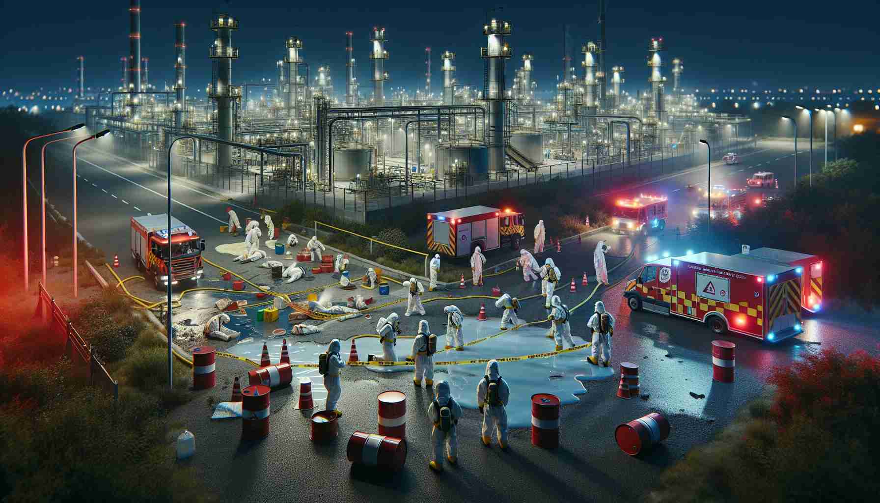 A realistic, high-definition image depicting an industrial park in Thessaloniki during an emergency response. The scene includes a chemical spill occurring within the vicinity. Safety personnel wearing protective hazmat suits and helmets are hastily working to contain the situation. Emergency vehicles, including fire trucks and ambulances, are stationed in strategic positions around the area, their lights illuminating the scene in flashes of red and blue. Signs of chaos, such as overturned barrels containing chemical substances and intermingled caution tapes, are present. The night sky is painted with the harsh glow from floodlights and emergency vehicle lights.