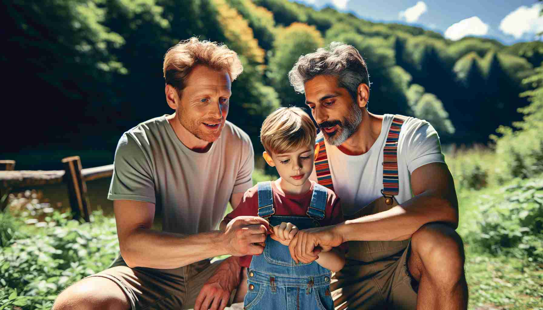 Generate an ultra-high definition, realistic image showcasing a father, of Caucasian descent, and his son, of Middle-Eastern descent, involved in a unique bonding activity. The father wears a t-shirt and khaki shorts while the son is donned in colorful overalls. The activity they're performing should be uncommon and not typical of everyday outings, creating a sense of curiosity and fascination. The setting is outdoors, surrounded by lush greenery on a sunny day. The expressions on their faces reflect deep communication and shared enjoyment.