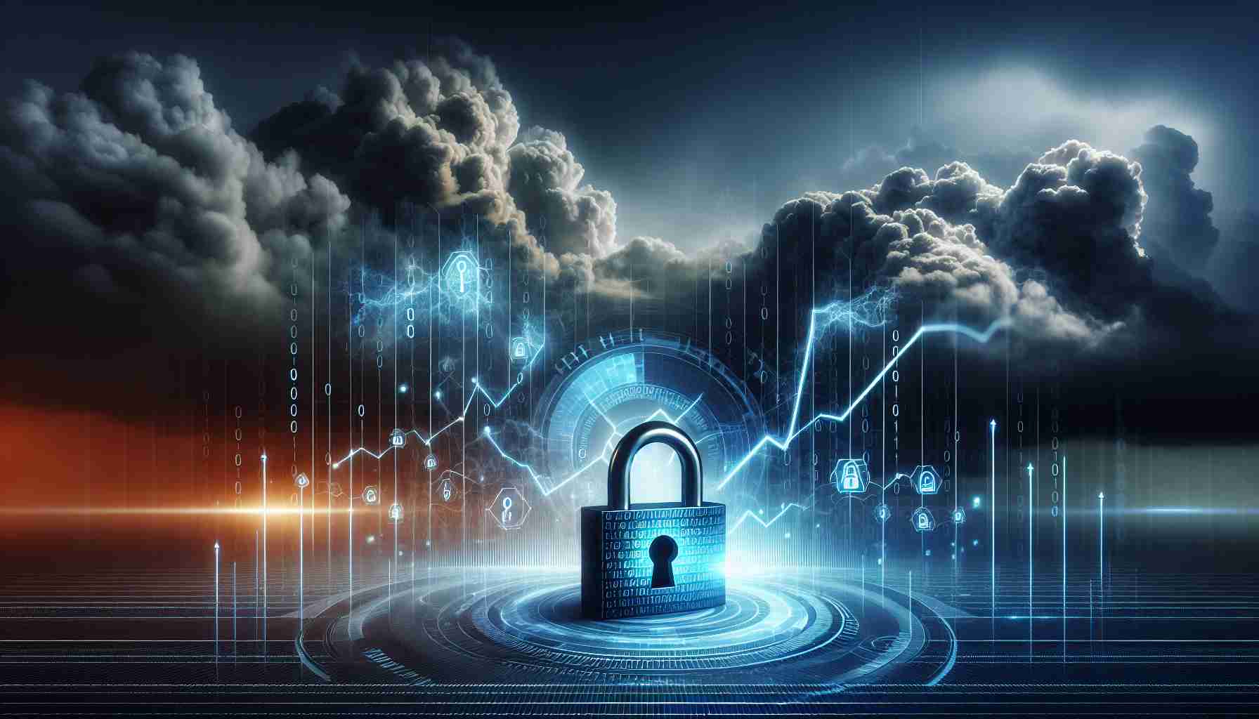 A high definition, realistic image representing the concept of rising digital privacy concerns in the face of growing cybersecurity threats. Depict an abstract scene with a digital lock symbolizing privacy, set against a backdrop of ominous storm clouds to signify the looming cybersecurity threats. Integrate binary code to signify the digital aspect, and a graph or line chart demonstrating an upward trend to portray the rising concerns.