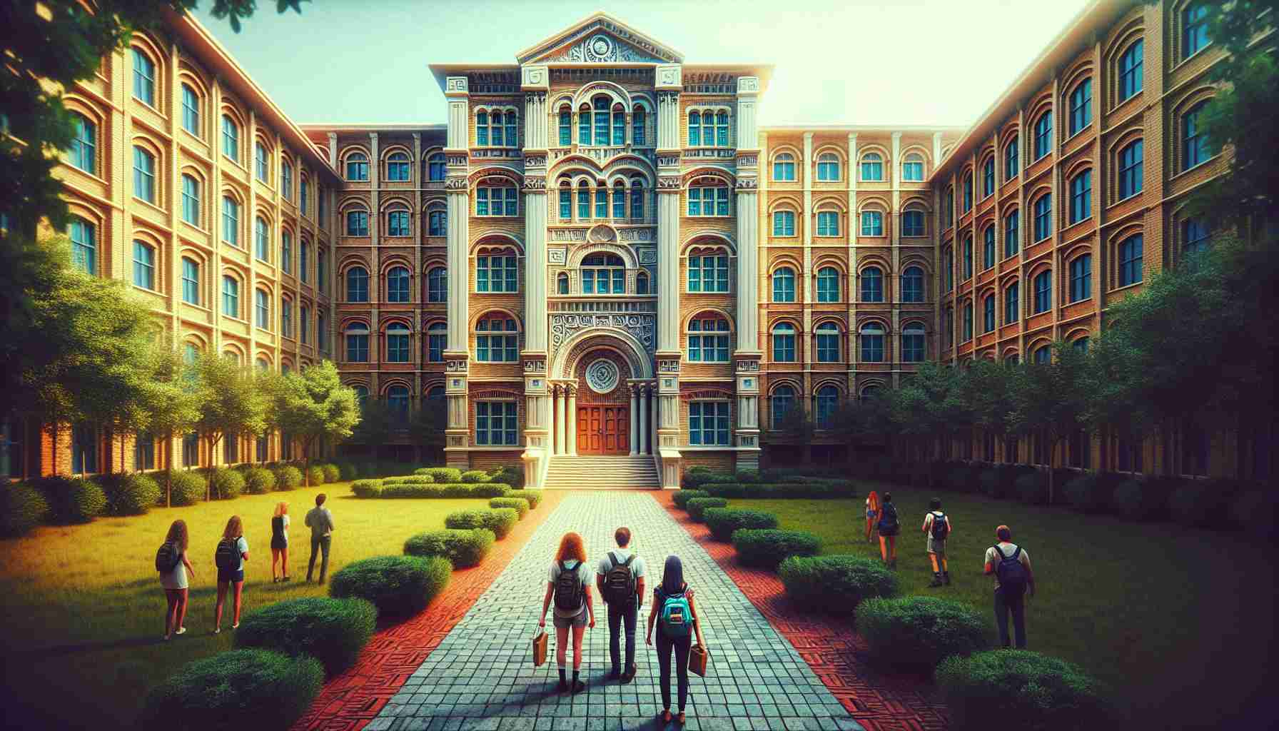 A vivid, high-definition image of an unusually quiet building, the newly established School of Theology in Athens. Centered frame is the grand entrance of the intricate, classic architectural design of the institute. The time depicted is during what should be peak school hours, yet there's an apparent record low enrollment evidenced by the sparse population. A red-bricked path with manicured green foliage leads the eye to the towering entrance. Only a couple of students of mixed descent, a Caucasian woman and a Middle-Eastern man, are seen entering the premises, their backpacks strapped on, giving an uncanny sense of vacancy to an otherwise bustling educational space.