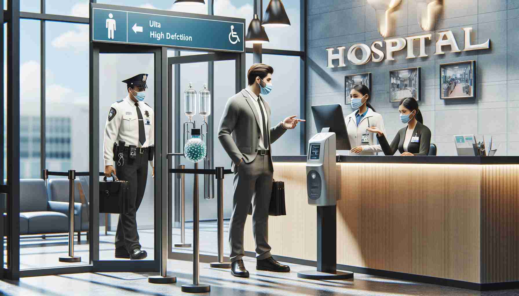 Generate an ultra high definition, realistic image of a hospital taking strong safety measures following a recent event. The scene should depict a South Asian male security guard at the entrance, checking visitor credentials meticulously. Near the reception area, there should be a Hispanic female receptionist who is sharing information regarding the new safety procedures to visitors. Additionally, the picture should show upgraded security technologies like advanced cameras, hand sanitizers at each door, and medical staff wearing personal protective equipment readily available.