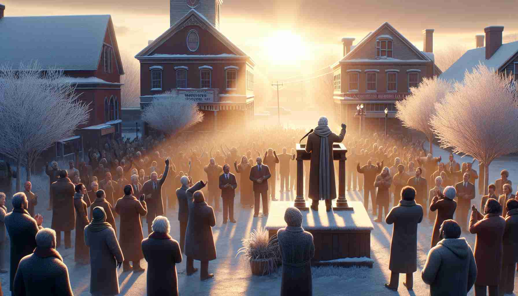 A high-definition realistic image depicting the announcement of a major leadership change in a small town named Winterdale during the winter season. The main focus of the scene lies on the metaphorical depiction of a new era dawning, represented by an early morning sunrise piercing through the chilly frost-covered landscape. A big crowd is gathered at the town square, where a figure believed to be Victor Thompson stands on the podium, their hands raised in victory. Keep in mind that this Victor Thompson figure should reflect a non-public figure person, with distinctive features like long, white hair, a tall build, and a warm smile. The town's people cheering in the audience should be a demographically diverse representation with both men and women of various descents like Caucasian, Hispanic, Black, Middle-Eastern, and South Asian. The overall atmosphere should portray a sense of joy and hope, whereas the aesthetic should capture the essence of the wintry setting of this small town.