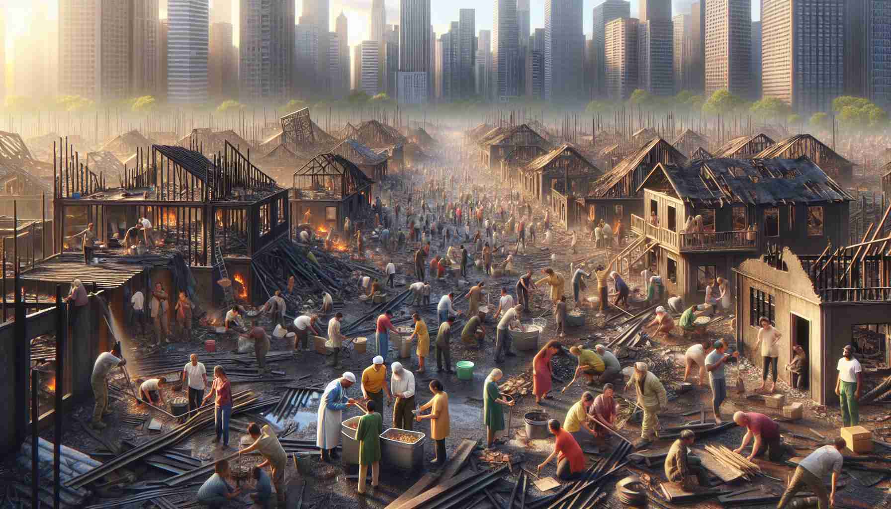 Realistic high-definition image capturing the scene of reconstructing lives after a massive fire. The scene displays diverse people of different descents and genders collaborating in an uplifting or inspiring manner. It may include people cleaning up the remnants of the fire with determination, some constructing new structures, others providing food and supplies. The background may have a mix of charred ruins and new structures slowly getting built. The overall atmosphere suggests fortitude and resilience in the face of adversity.