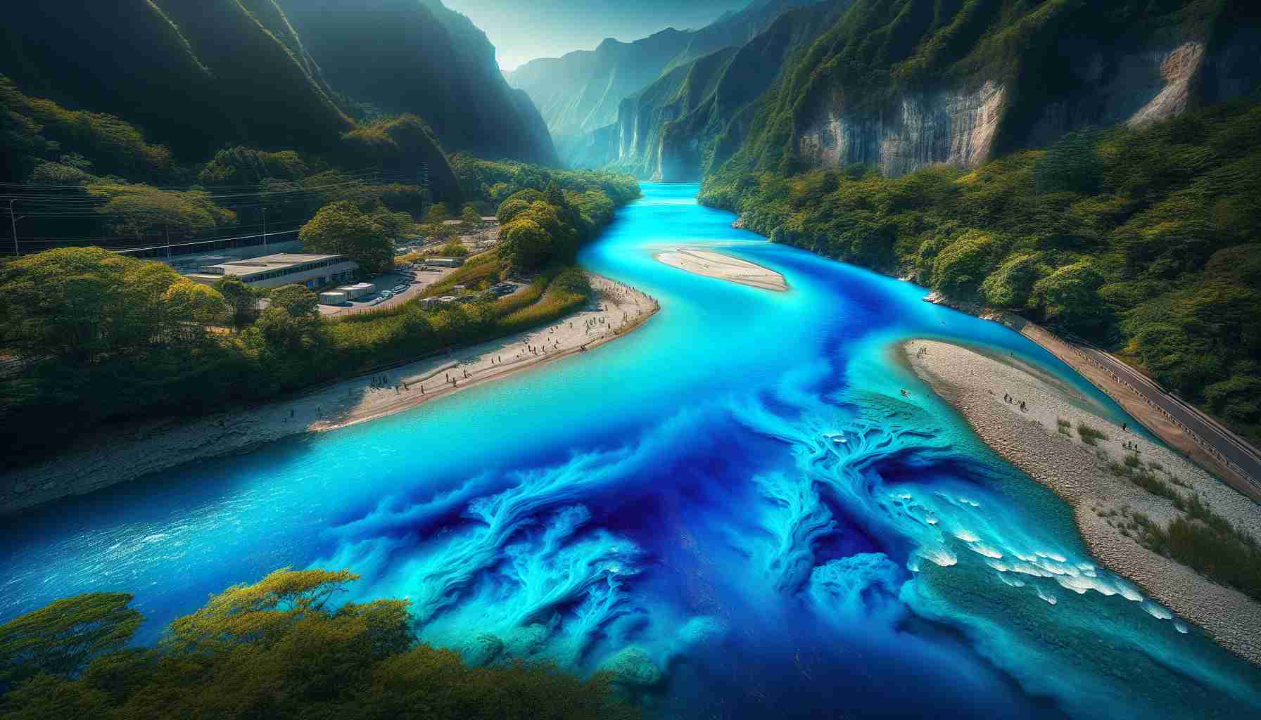 An ultra-high definition, photorealistic image capturing the spectacle of the Xeria River. The river's usually clear waters are now a startling, unnatural shade of bright azure. This unique phenomenon has sparked intrigue and controversy among witnesses, creating a buzz in local communities. The surrounding environment provides a stark contrast to the electric blue water, enhancing its vividness. There's a sense of unease combined with awe as nature presents an unexpected display. Display the serene riverbank and the vivid, unique hue of the river, the combination of which is causing a stir among the local populace.