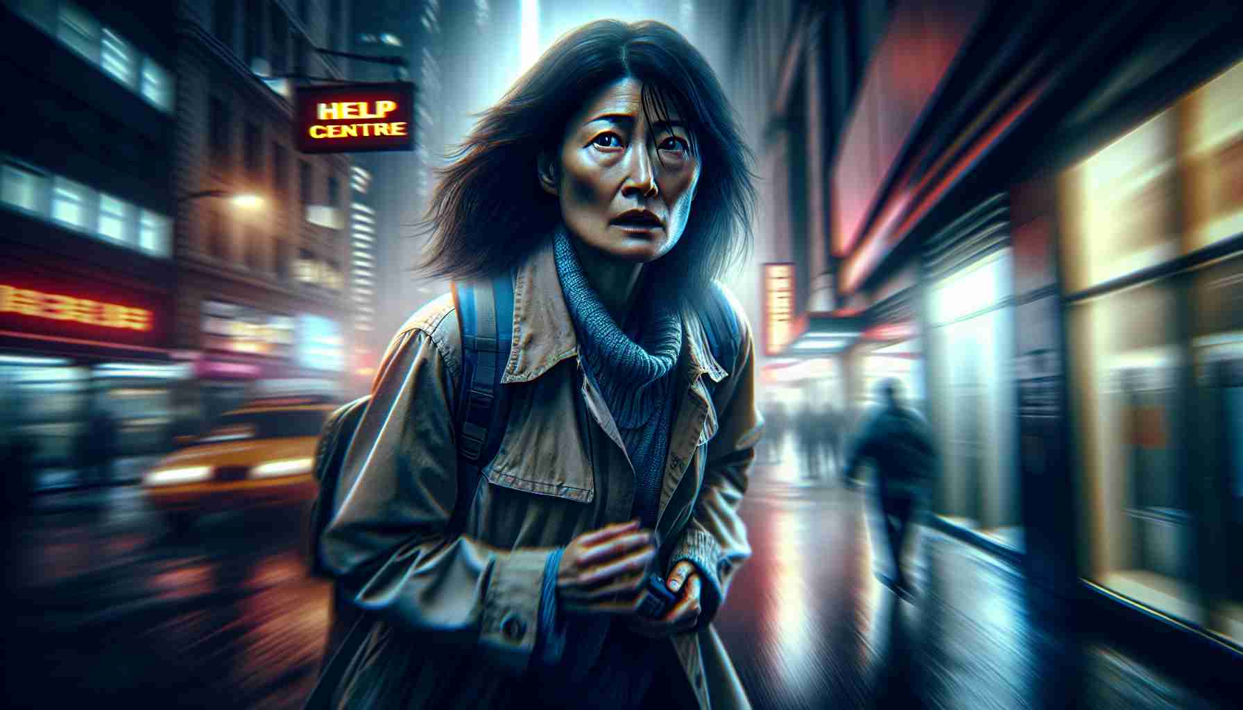 High definition, realistic image of a courageous, middle-aged Asian woman escaping a dangerous situation. She's seen in the late evening, fear etched in her eyes but determination strong in her stance. She's in the city, her surroundings abstracted into blurs of neon light and shadows. She's holding a small bag of her most important belongings, searching for a safe place. A sign with the words 'Help Centre' is visible in the distance, indicating her destination.