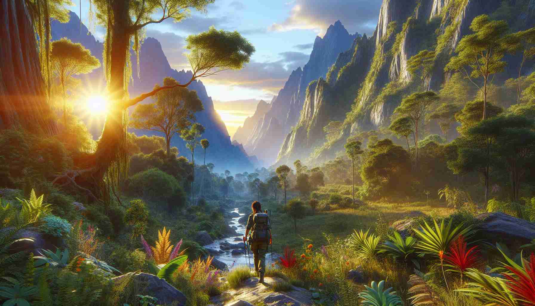 Generate a high-definition, realistic image of a new adventure unfolding in the wilderness. The scene should depict a pristine, untouched landscape with vibrant flora and fauna, and a human explorer, a South Asian female with hiking gear, just starting her journey into this untouched paradise. The sun should be low on the horizon, hinting at either dawn or dusk. The atmosphere should be full of anticipation and excitement.