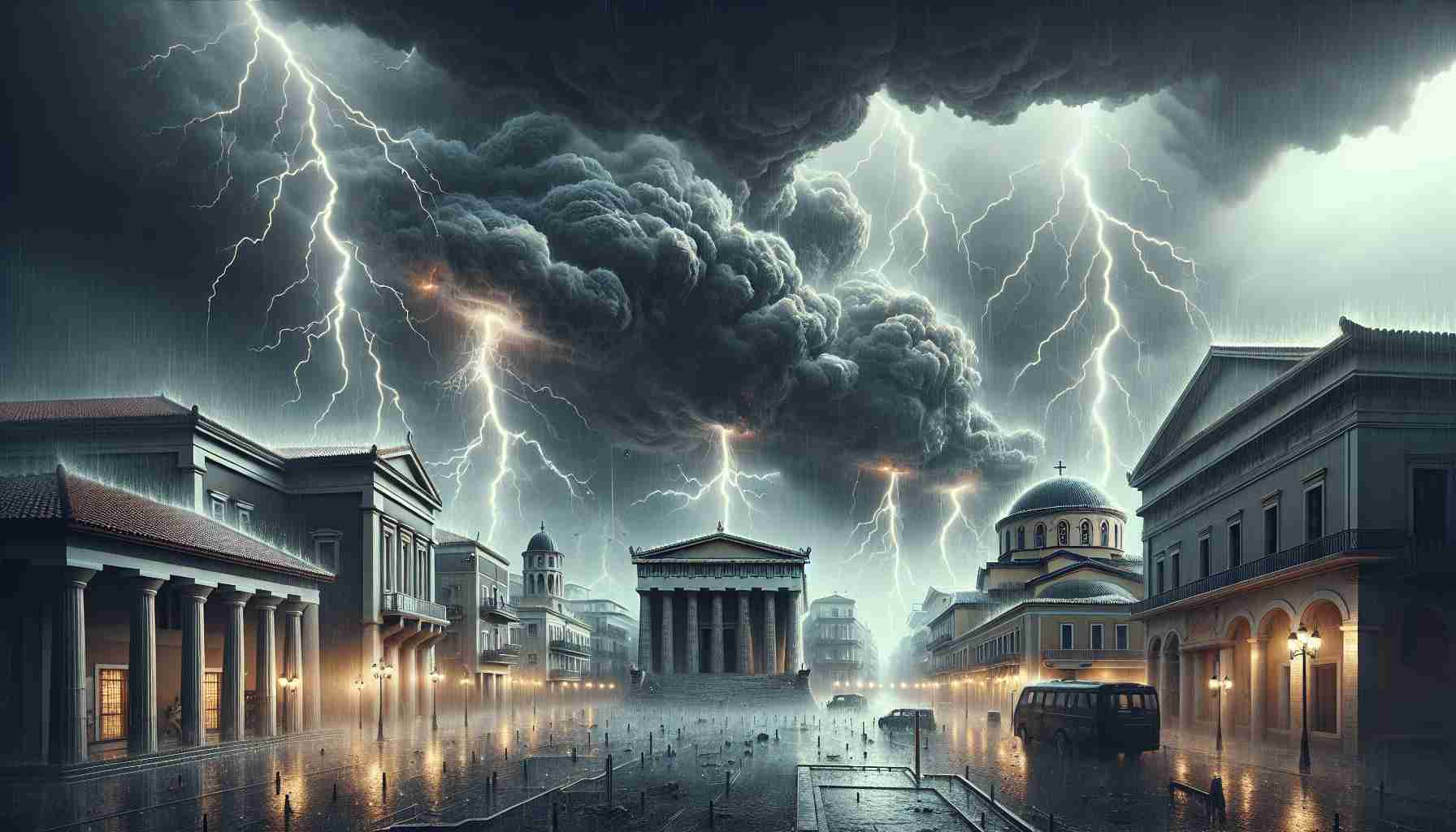 A realistic high-definition illustration of severe thunderstorms battering multiple cities in Greece. Thick, dark clouds roll overhead, ominously blocked the sunlight. Lightning bolts streak across the sky, descending upon age-old structures and modern architecture alike, illuminating them in brief, stark relief against the surrounding gloom. Rain pours in torrents, flooding streets and piazzas, forcing residents and tourists to seek shelter. Despite the harsh weather, the unique charm of the Greek cities remains evident.