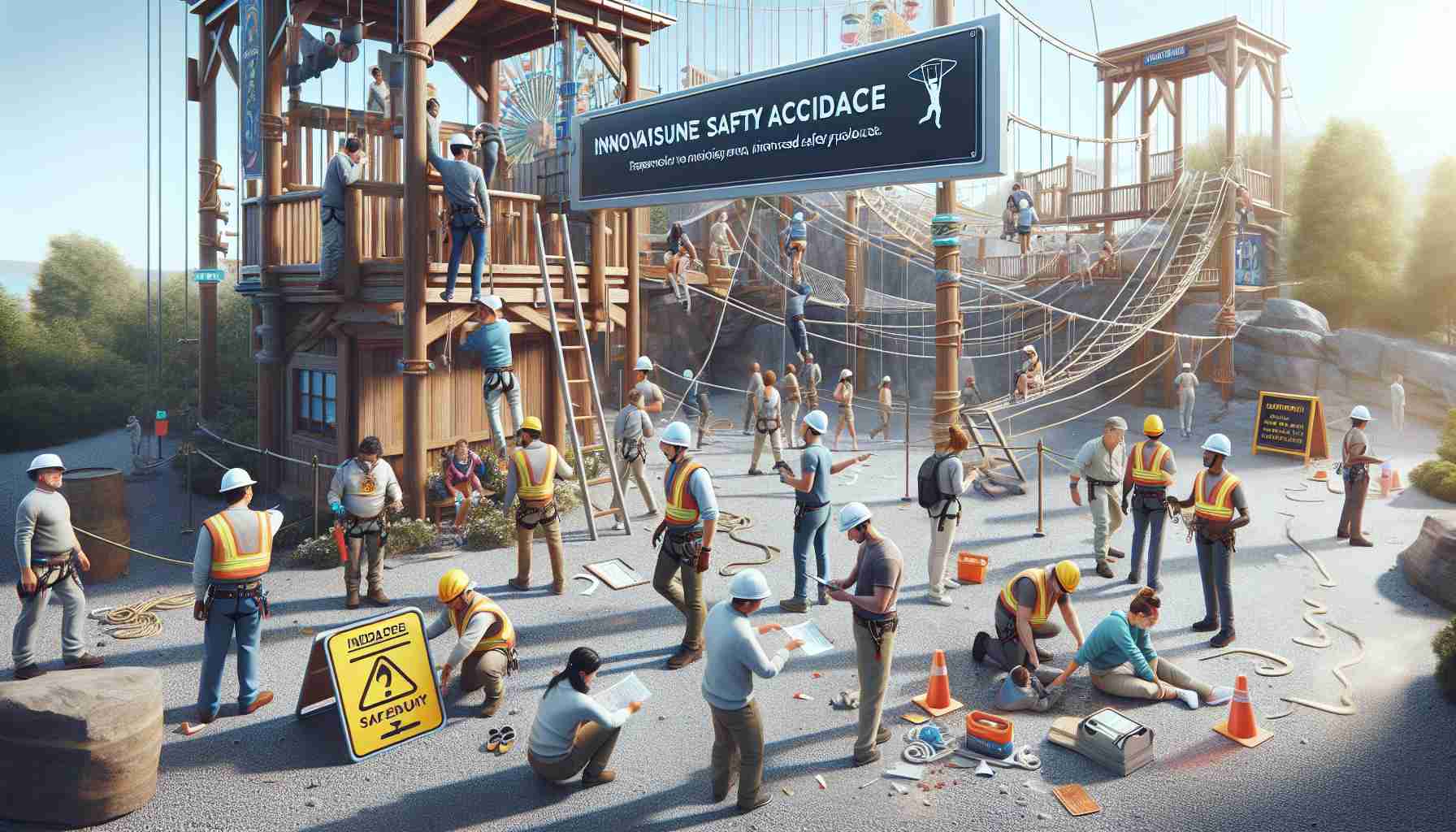 High-definition, realistic image of an adventure park scenario where an unfortunate accident has occurred. Indications of the aftereffects of the accident are subtly visible, however the focus is on the innovative safety measures being implemented in response to the incident. See personnel of different genders and descents, such as Hispanic, Middle Eastern, and South Asian, diligently working to install new safety equipment and enforce enhanced safety protocols. Signs indicating these new measures and people observing them, appreciating the effort towards an improved, safer experience are also present.