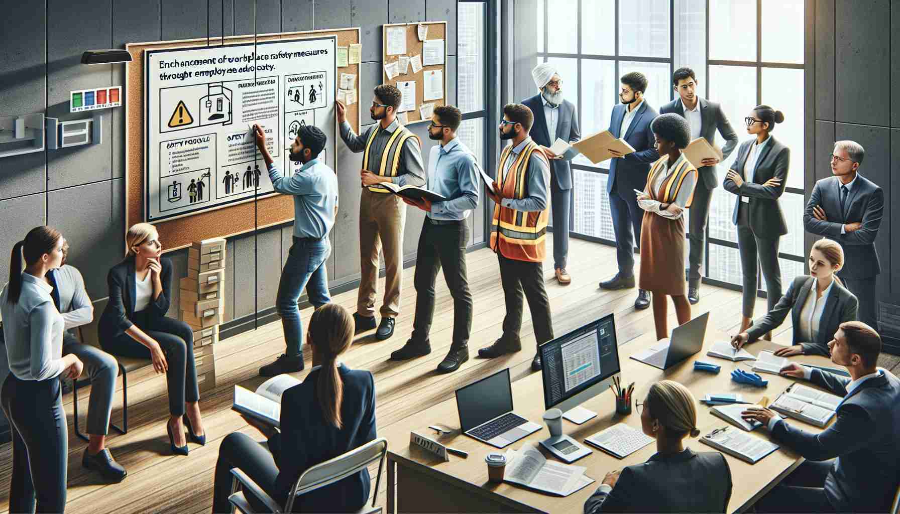 Create an ultra-high-definition image that realistically portrays the enhancement of workplace safety measures through employee advocacy. The scene can include various employees in a modern office setting. One could be a South Asian man explaining safety protocols from a book, while another, a Black woman might be sticking a safety procedure chart on a bulletin board. An Hispanic man could be seen installing a safety sign while a Middle-Eastern woman is conducting a seminar on safe working practices to a diverse group of employees. The details should emphasize a collaborative and proactive approach towards safety in the workspace.