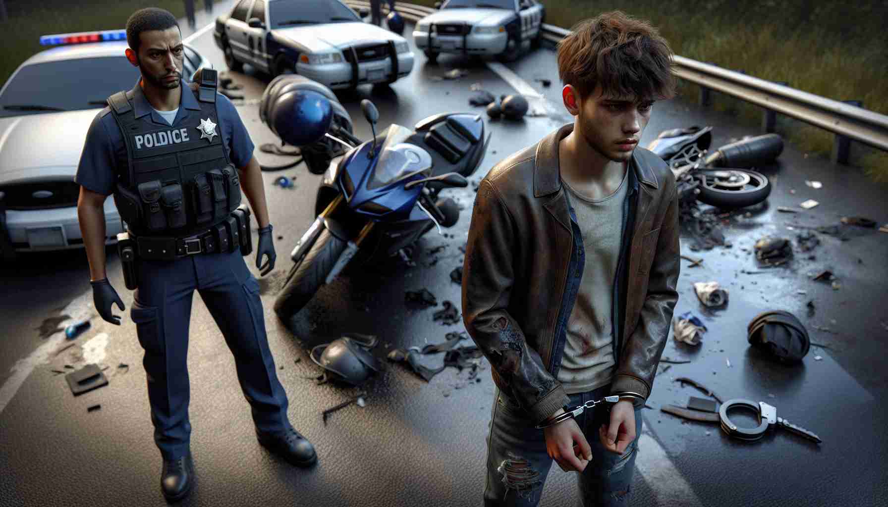 Realistic, high-definition image of a young Caucasian male in his teens, handcuffed and watched over by law enforcement officials, following an intense motorcycle chase. The teen's expression is one of resignation and fatigue. He's wearing a worn-out leather jacket, torn jeans and is standing near a crashed high-speed motorcycle which is noticeable in the background. Scatterings of debris from the intense chase are visible around the scene. The law enforcement officers, a Middle-Eastern man and an Hispanic woman, dressed in standard blue uniforms, exhibit professional seriousness while maintaining a secure distance.