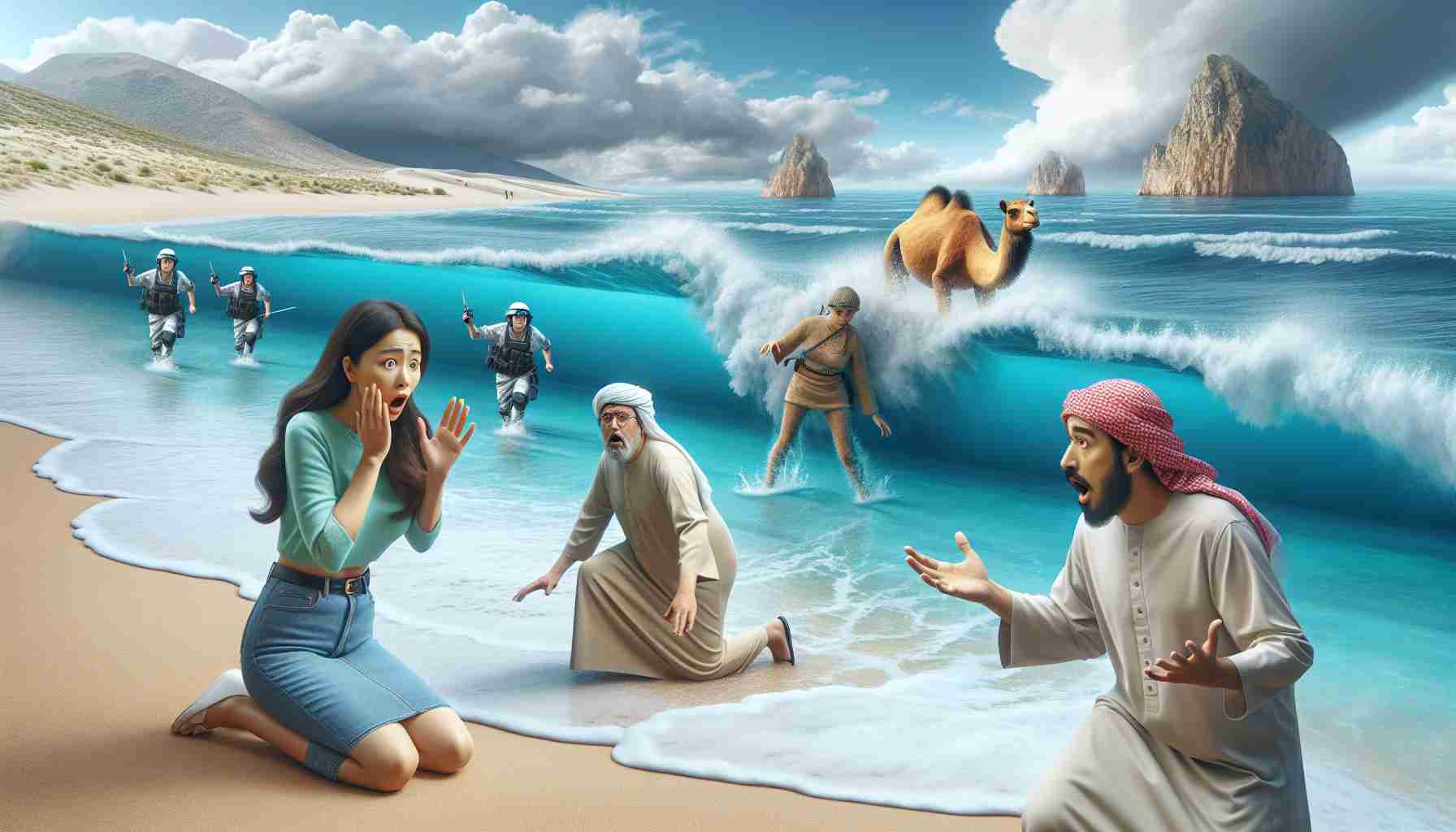 Create a realistic high definition image depicting a surprise or unexpected event occurring during a seaside journey. The scene might include a variety of natural elements like white sandy beaches, azure blue sea, and a horizon where the sea meets the sky. Human figures may be in the scene, reacting to the unforeseen incident - an Asian woman looking surprised and a Middle Eastern man demonstrating concern. Some elements to reflect the unexpected event can be a sudden change in weather or an unusual creature washed up on the beach.