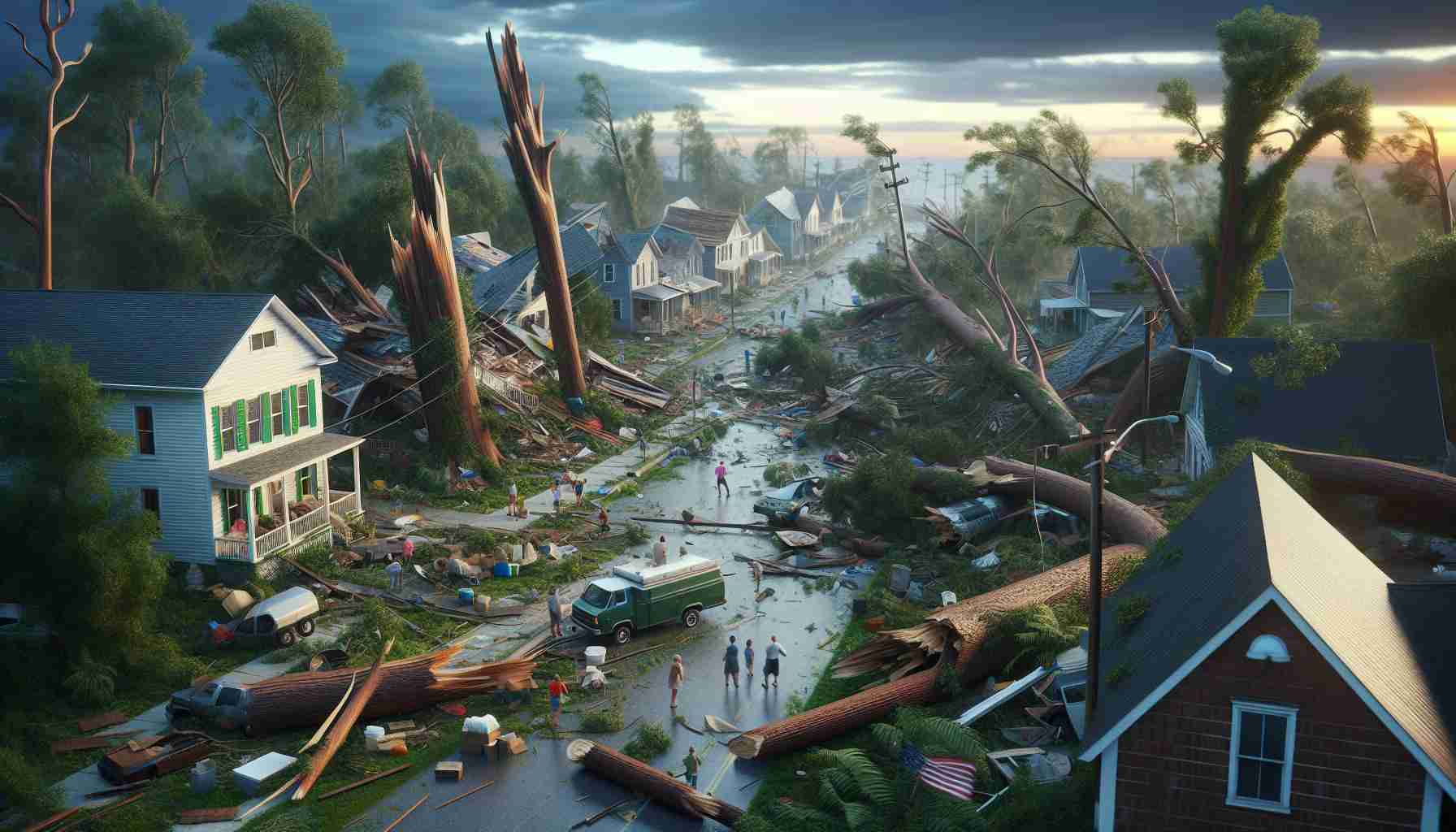 Realistic high-definition image of a small town recovering after the severe impact of a storm. The scene might include fallen trees, scattered debris, and damaged houses, reflecting the immense power of nature. The skies may still retain a hint of darkness, a remnant from the storm, but also show signs of clearing up delineating a transition from chaos to calm. People from various descents and genders could be visible, helping clear up the area, conveying a sense of communal unity in times of hardship.