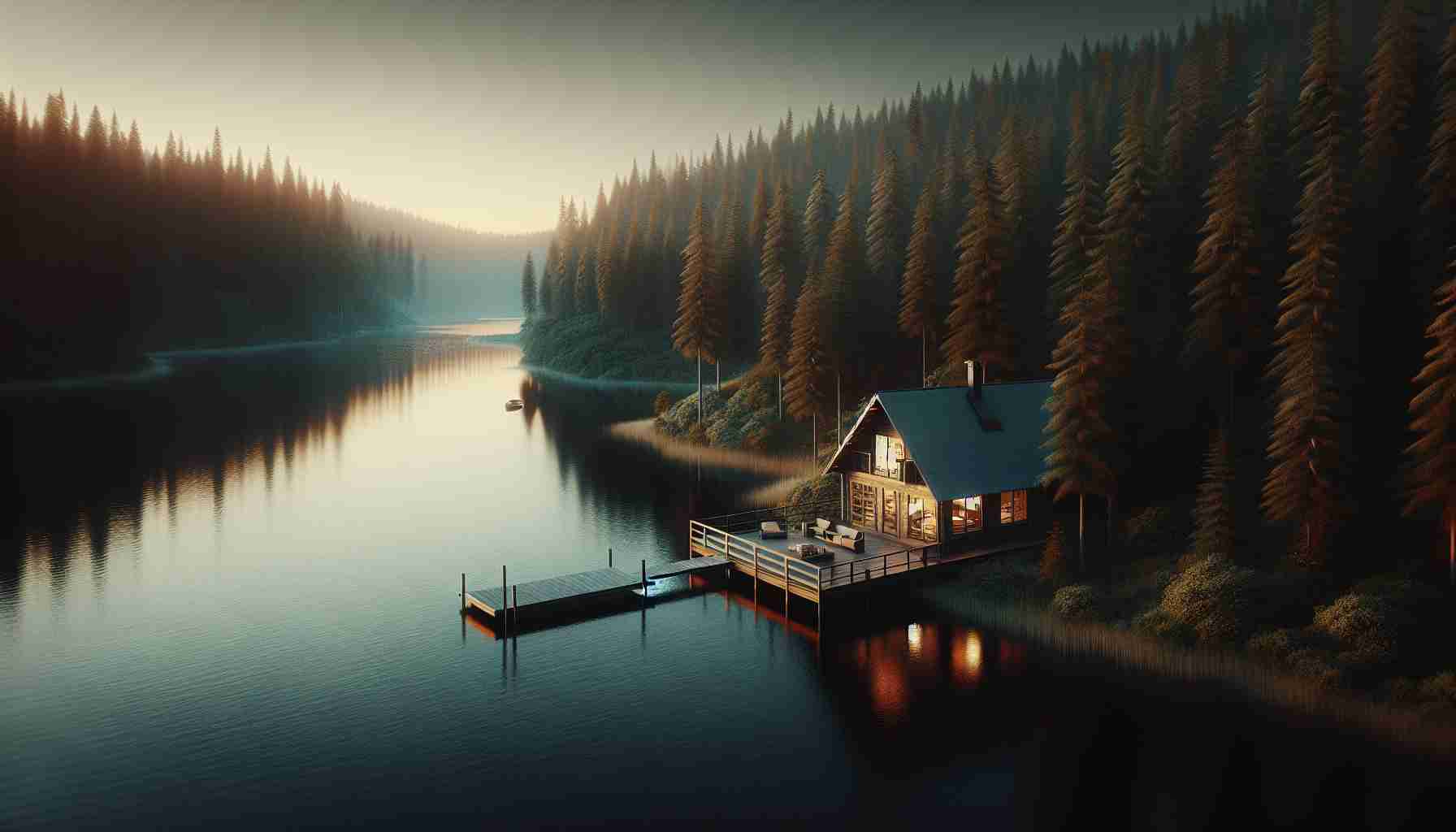 Generate a hyperrealistic HD image of a tranquil and peaceful lakeside retreat. Show a calm, placid lake, reflecting the soft hues of the dying day's sunlight, surrounded by a dense forest of tall pine trees. A small, rustic cabin resides near the shore, its big windows allowing the view of the interior warm, cozy set-up. There is a pier reaching out into the lake for people attempting to fish or swim. The whole scene exudes a sense of isolation and tranquility, offering a perfect and relaxing getaway from the bustling urban life.