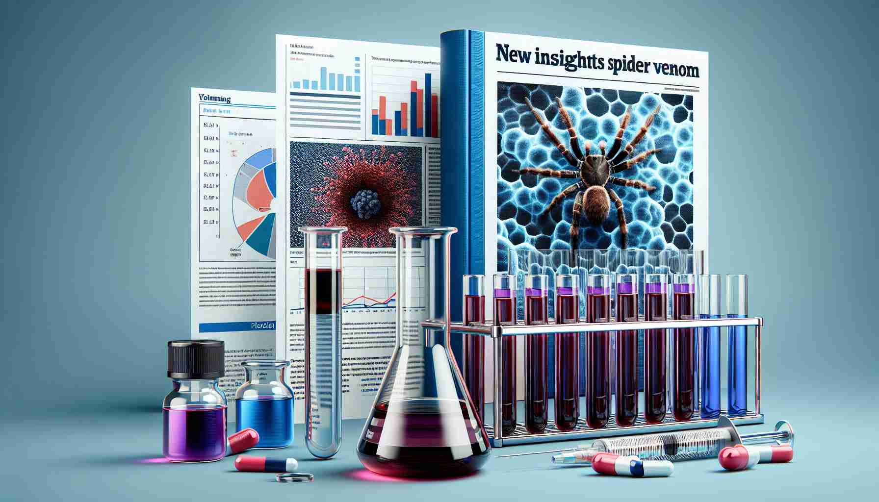 Create a realistic, high-definition image representing a scientific study that reveals new insights into the effects of spider venom. The image could portray elements like test tubes with venom samples, microscopy images of venom's impact on cells, a graph or chart showing statistical results, and a paper headline or book cover titled 'New Insights into Spider Venom Effects'.