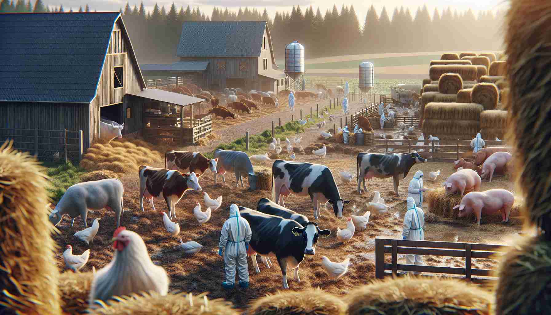 An ultra high definition, photorealistic image representing the challenges of controlling the spread of contagious diseases in livestock. The scene should clearly depict various farm animals such as cows, chickens and pigs in a common setting like a farm. The signs of a contagious disease may be suggested subtly, perhaps through visible discomfort in the animals, or the presence of healthcare officials in protective suits attending to the animals. Also include landmarks of a typical farm such as barns, haystacks and farmed fields in the background to enhance the rural atmosphere.