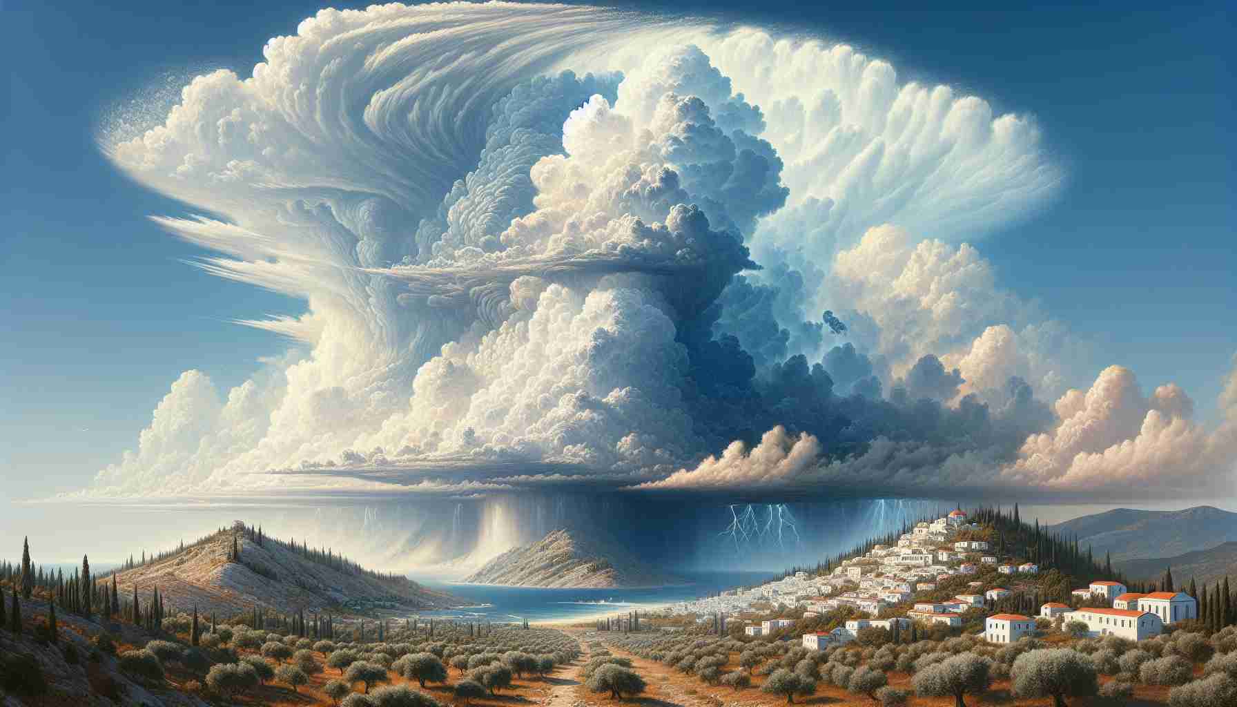 A highly detailed and realistic depiction of diverse weather patterns creating unsettled conditions across the picturesque Greek landscapes. The weather should be dramatically varied, signalling a period of changing conditions ahead. The image should capture elements such as towering cumulus clouds indicating an approaching storm in one area, a clear blue sky in another suggesting calmness, and perhaps a coastline with rising mist indicating humidity. Each of these elements should interact with some characteristic Greek landscapes including traditional white houses, olive groves, and mountainous terrains.