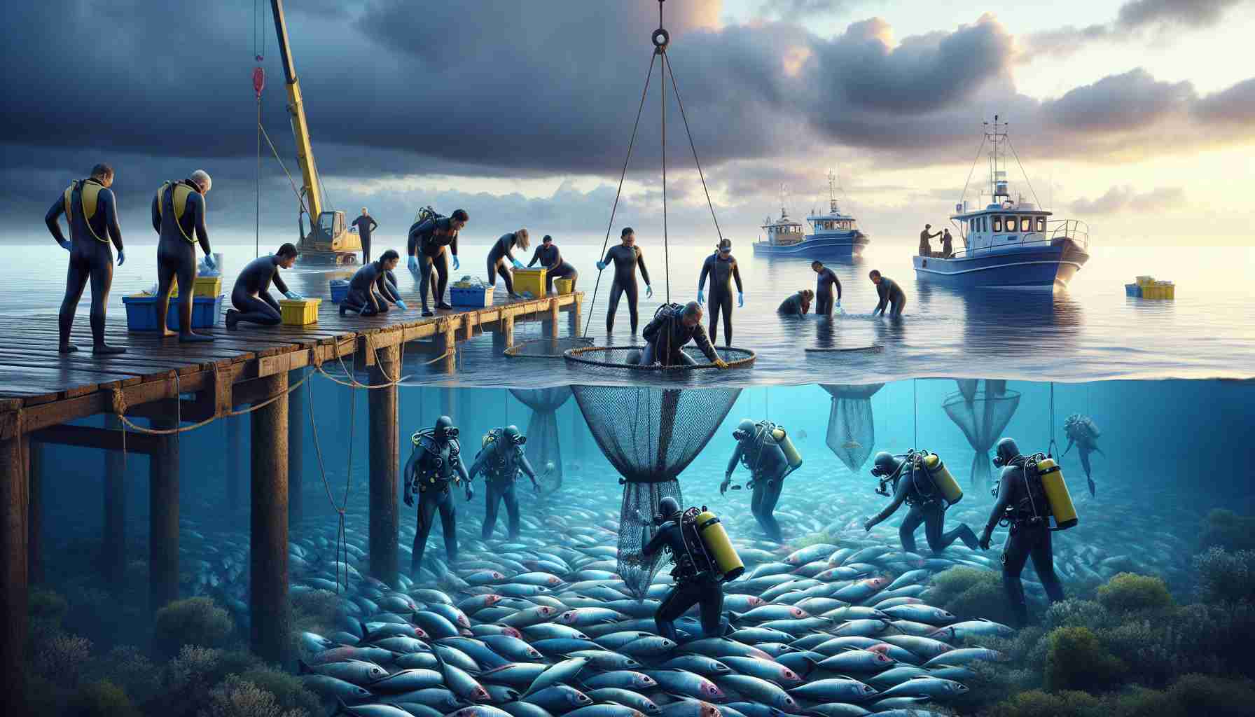 Realistic, high-definition image depicting a scene in the South Pacific where marine biologists, divers, and volunteers, representing various descents and genders, are making concerted efforts to rescue a population of stranded fish. The scene includes dedicated individuals in diving suits, marine life experts examining the state of the fish, cranes carefully lifting nets filled with fish from shallow waters, and boats supplying necessary equipment. The serene backdrop simultaneously features dramatic skies suggesting dusk, and the expansive ocean with varying, vivid shades of blues reflecting the depths of the South Pacific.