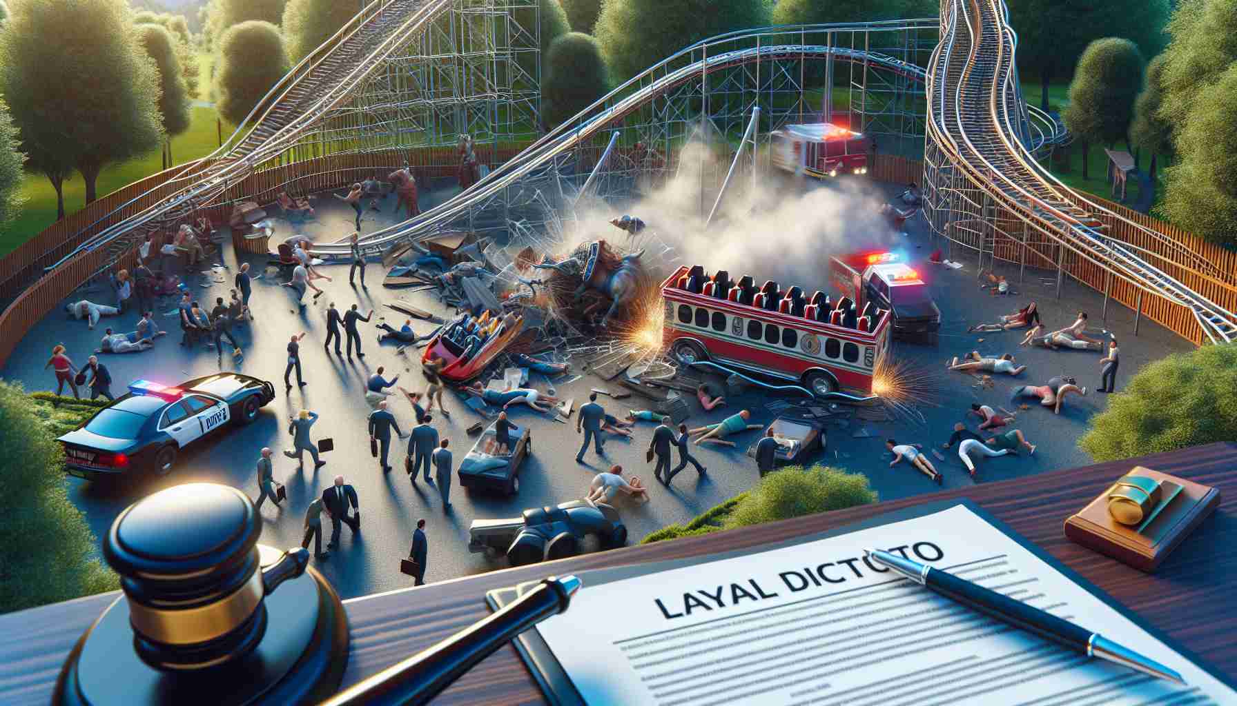 A high-definition, realistic image depicting a tragic incident at a theme park. Picture a scene of chaos and distress - a broken roller coaster car, park visitors panicking, security rushing to control the situation, and perhaps a park attorney on-site assessing the situation amidst the confusion. You can also see legal documents and court papers in the foreground, symbolizing the impending legal action following the incident.