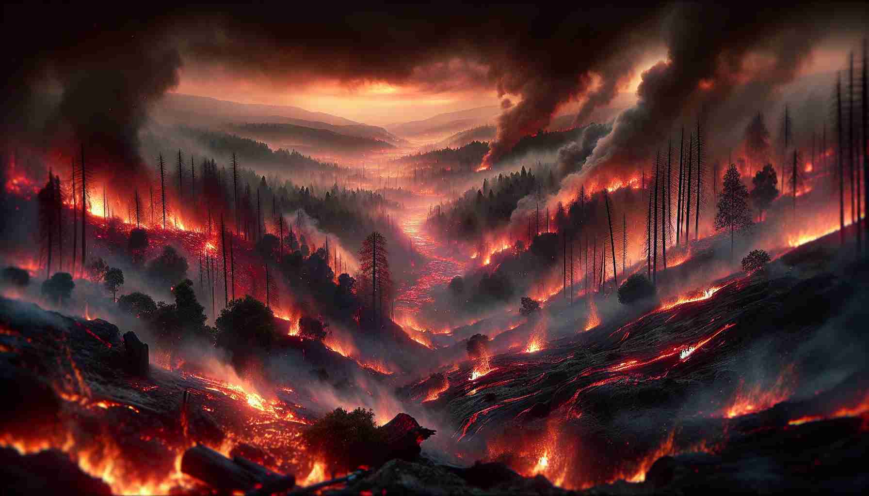 A high-definition, realistic image that depicts a scene of devastating calamity in the northeastern part of a region similar to Attica. An intense, uncontained fire is portrayed just as it ravages the landscape, consuming everything in its path. The scene is filled with a sense of desperation, with hazy smoke filling the sky and crimson embers lighting up the surroundings, contrasted by the untouched nature in the distance; a poignant reminder of the relentless force of nature.