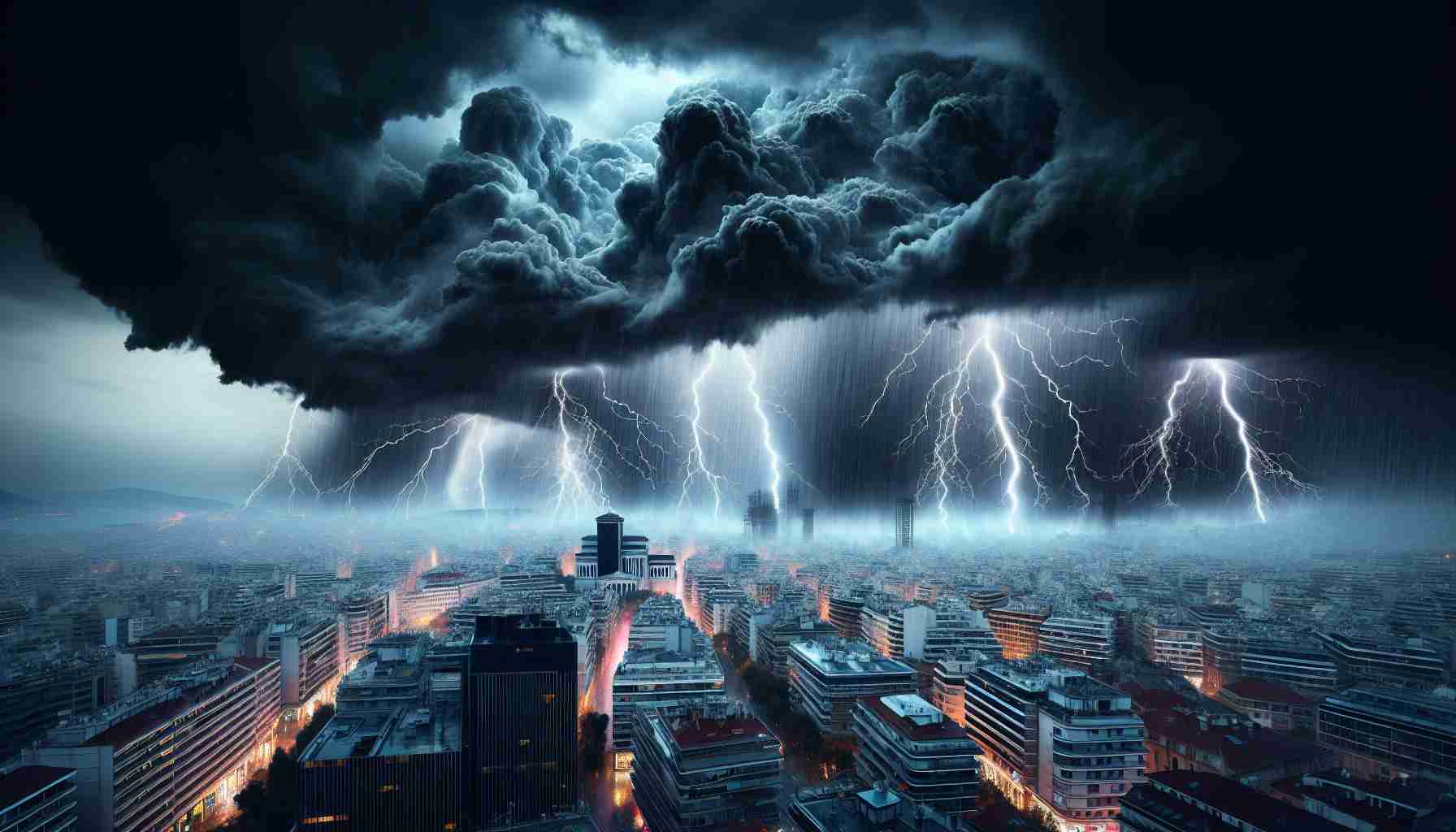 Generate a realistic, high-definition image of a severe thunderstorm striking the city of Thessaloniki. The sky should be characterized with ominous dark storm clouds, flashes of fork lightning, and pouring rain. The cityscape should be faintly illuminated, showing the architectural structures against the backdrop of the tempest. Display how the streets and buildings are affected by the heavy rainfall.