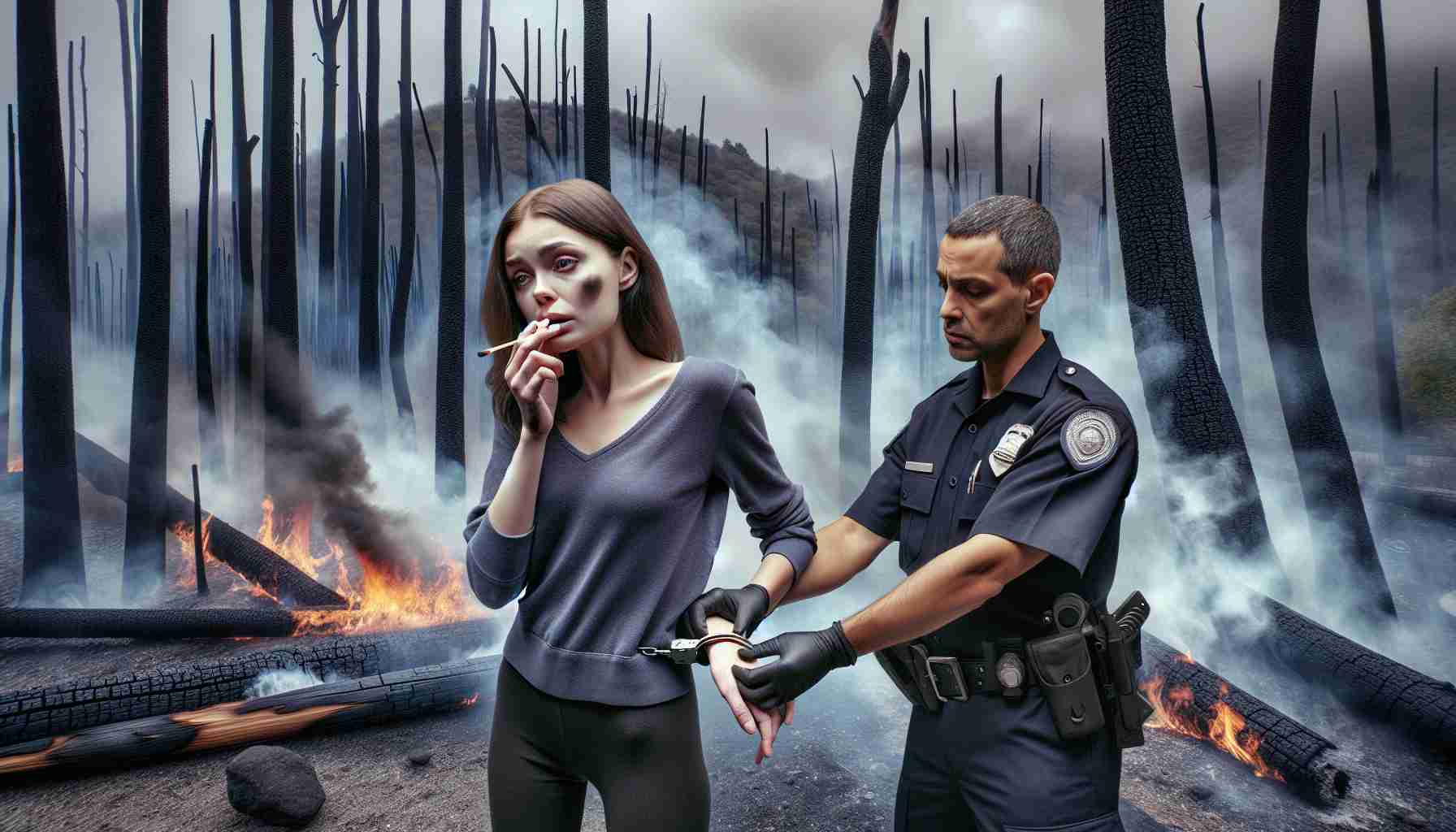 Create a high-definition and realistic image showcasing an environmental scene affected by a fire. In the foreground, depict a person being apprehended by law enforcement officials. The individual, a Caucasian female, should be holding a smoking matchstick, and her expression must convey guilt. Meanwhile, the officers, a Middle-Eastern male and Black female, are pulling out handcuffs. The background should show charred trees and smoky atmosphere, symbolizing the environmental damage caused due to arson.