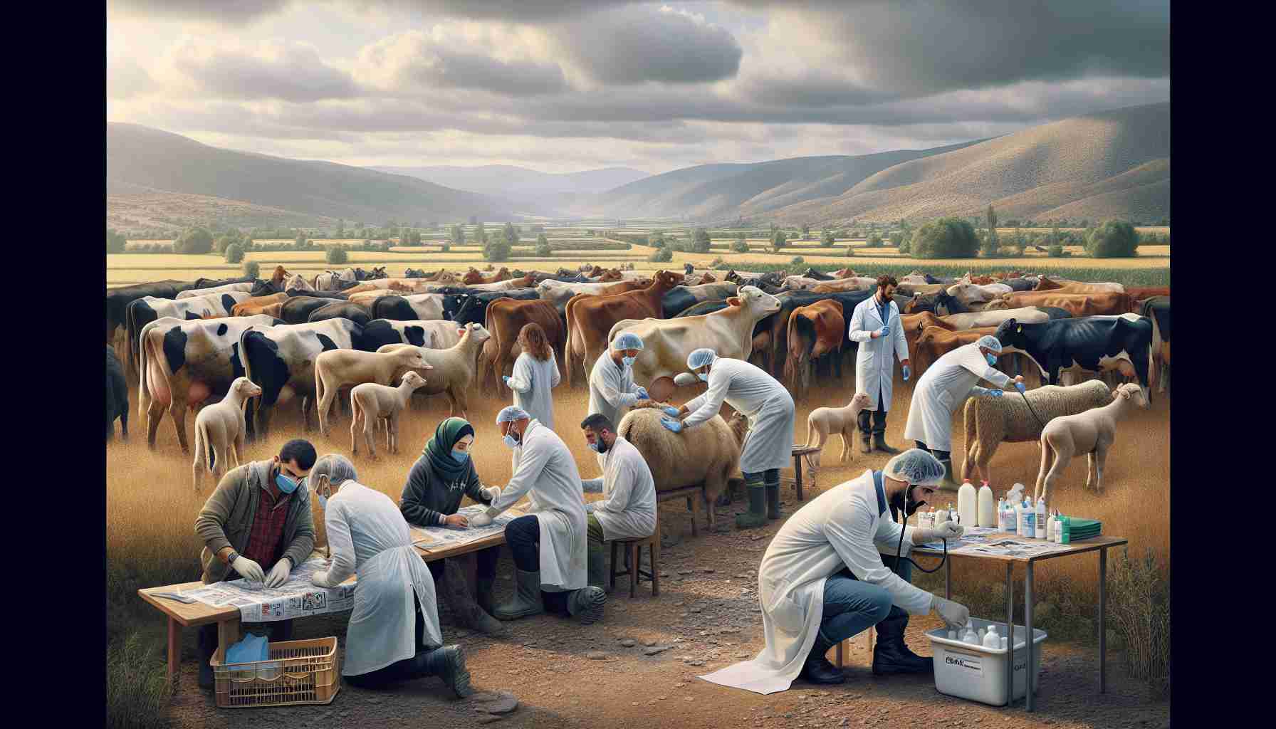 A high-definition, realistic image showcasing the efforts to combat livestock disease in the Thessaly region of Greece. The scene should include countryside landscapes with local people of various descents such as Caucasian and Middle-Eastern. Half of them should be women, and the other half should be men. They are diligently working, wearing appropriate protective equipment, veterinarians performing check-ups on various animals like cows and sheep. There should be visible signs of medical supplies and livestock health brochures scattered on tables.