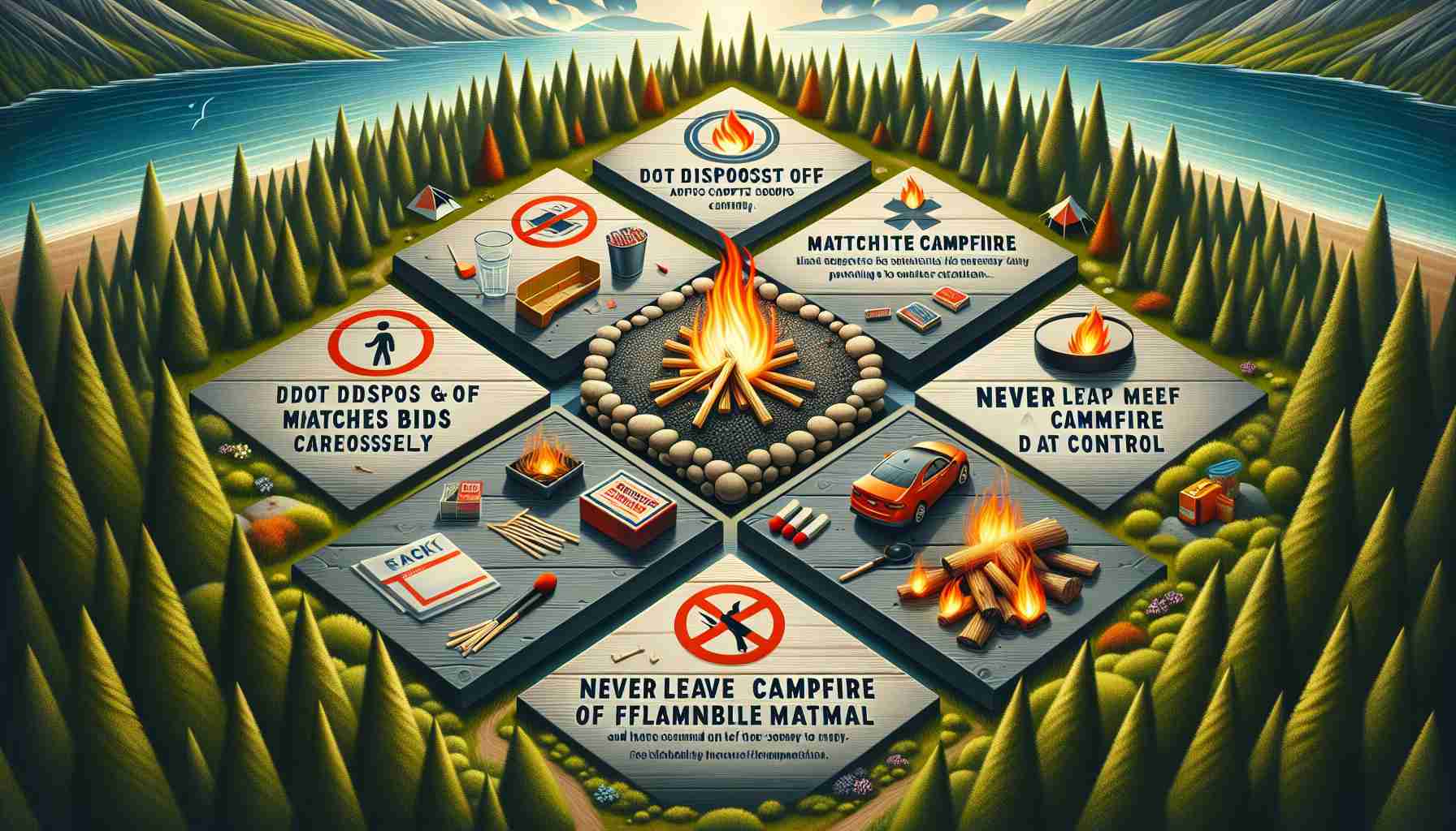 Create a high-definition realistic image that conveys Summer Safety Tips to Prevent Wildfires. Include critical precautions like, not disposing off matches or cigarette buds carelessly, keeping campfires small and under control, never leaving a campfire unattended, and clearing the surrounding area of flammable material. The image should be visually attentive and helpful.