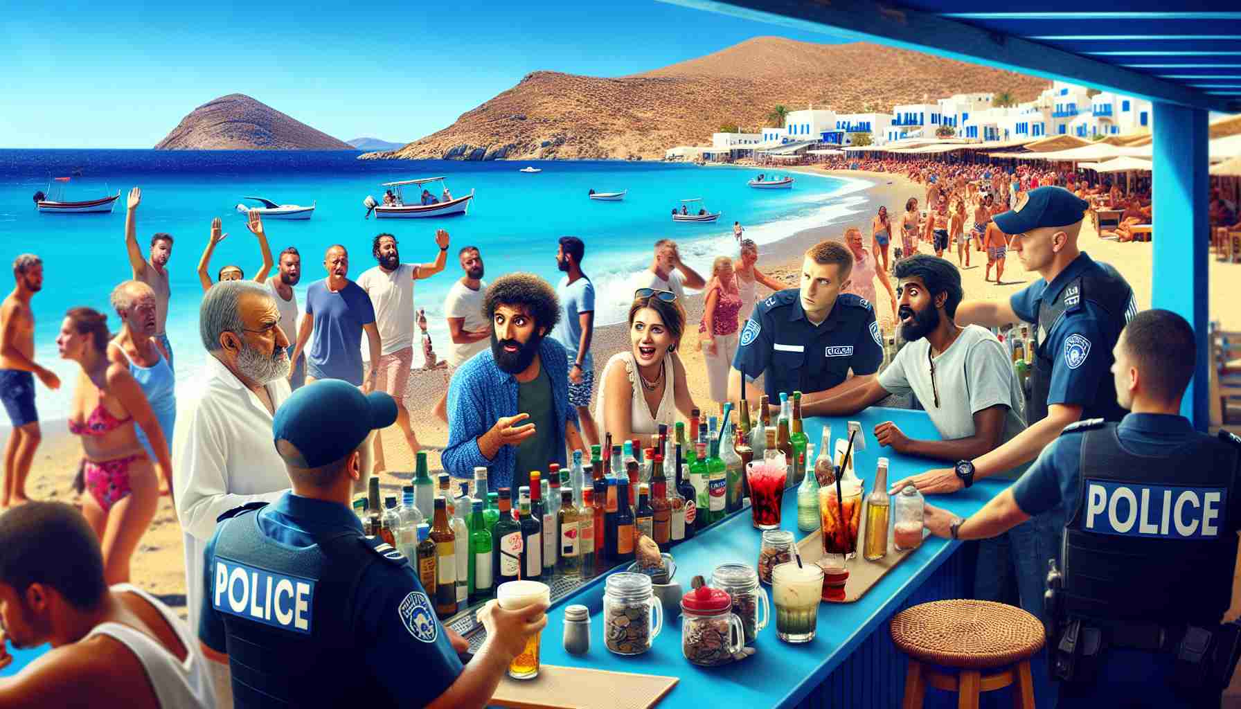 An ultra-high definition image portraying an incident at a Greek beach bar that led to arrests. In the bustling setting, customers of various descents enjoying their beverages suddenly look surprised and intrigued. The bar staff, featuring a Middle-Eastern female bartender and a South Asian male assistant, seem to be in a state of shock. A few Greek police officers are entering the premises, effectively portraying the sudden tension in the atmosphere. The beach, idyllic blue sea and clear skies offer a contrasting backdrop to the unfolding drama. The colors in the picture should be vibrant, showcasing the inviting beach surroundings and the intense scene at the bar.