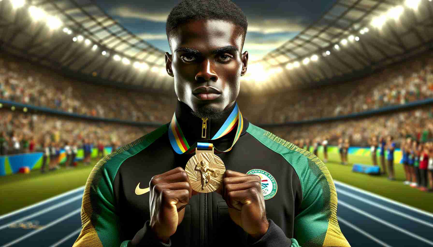 Generate a HD image of a history-making Olympic champion, who once again secures a gold medal. The athlete is Black, masculine, in their thirties, physically fit with short black hair and intense eyes focused on his gold medal. He is wearing his country's team tracksuit, which is in shades of green and yellow. His hands are clutching the gold medal that hangs around his neck via a multi-colored ribbon, symbolic of his victory. The backdrop suggests the Olympic stadium filled with cheering spectators, capturing the athlete's triumphant moment.