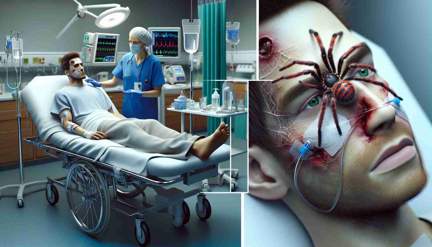 High-definition, realistic image of a man of unspecified descent, hospitalized due to a severe spider bite. The man appears to be in critical condition with medical equipment around, conveying the severity of his status. A close-up detail of the spider bite can also be seen.