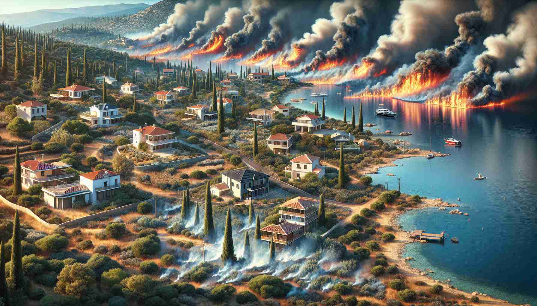 A detailed and realistic portrayal of a dangerous wildfire situation near a rural residential area, possibly in the woods. The location is Agia Marina, a region known for its natural beauty. The wildfire is out of control, with giant flames reaching towards the sky, and smoky winds blowing across the landscape. Various houses loom in the imminent danger, their structures showcasing architectural influence from the more rural parts of Greece. An urgent evacuation procedure is underway, with unspecified people vacating their homes. It's a clear, sunny summer day without a single cloud, but the wildfire adds a menacing atmosphere to the scene.