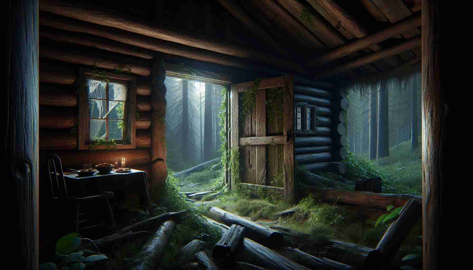 A high-definition, realistic representation of a tragic discovery in a remote wooden cabin nestled in a thick forest. The cabin's rustic wood-log exterior hints at its age, with moss creeping up its sides and ivy hanging loosely from the roof. The opened door reveals a dimly lit room, the only source of light being the soft moonlight filtering in from the cobweb-laced window. An eerie stillness prevails, accentuated by the sight of an untouched meal on a table, symbolizing an unexpected desertion or loss. The surrounding woods appear hauntingly silent, intensifying the ominous ambience.