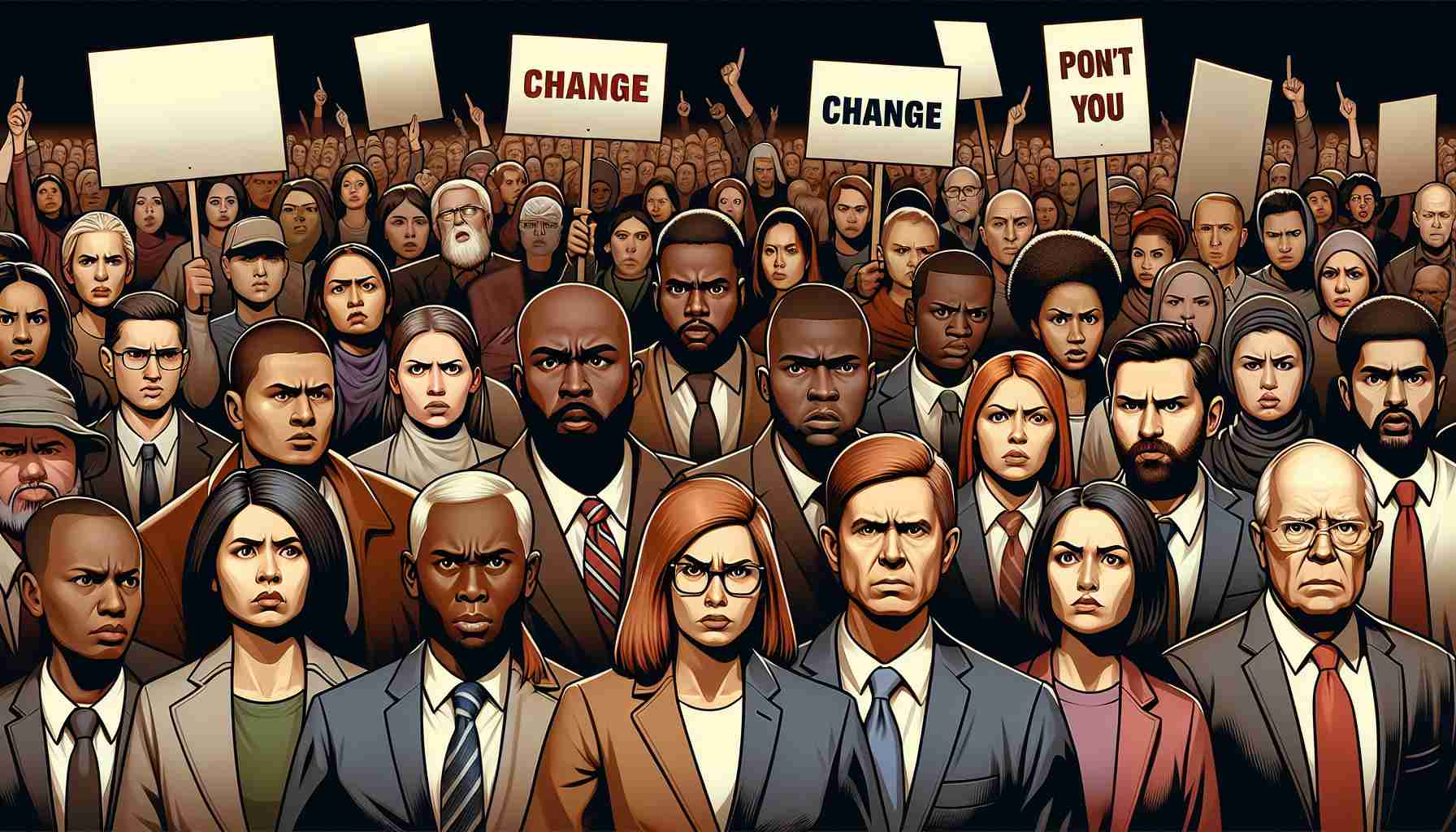 Illustration in a photo-realistic style of an intense political meeting. A group of people representing various descents such as Caucasian, Hispanic, Black, Middle-Eastern, South Asian, united in a firm call for change in leadership. These people carry intense expressions on their faces, showcasing strength in their opposition. There are protest signs hinting for change, but no explicit names or faces of public figures are present.