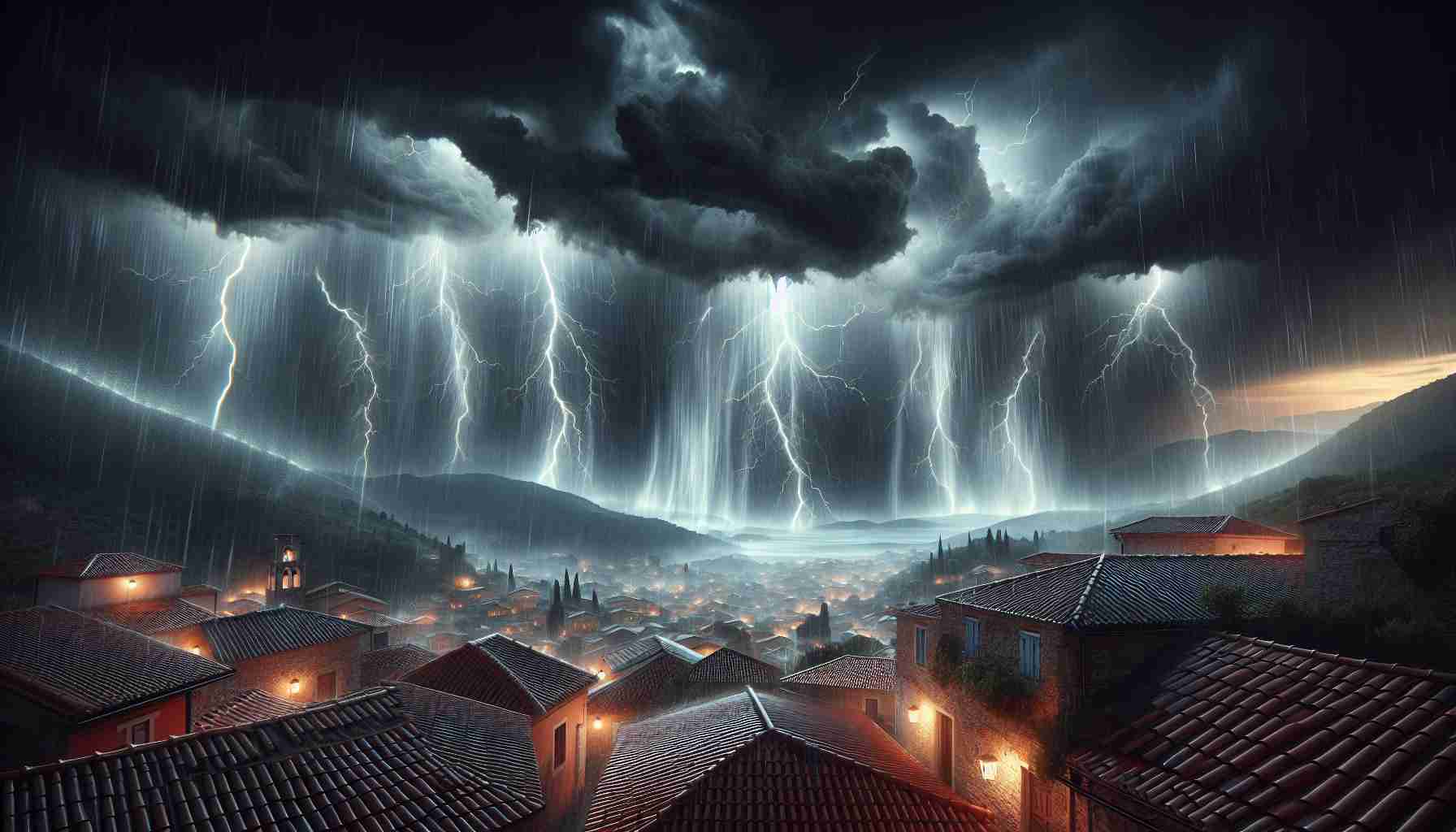 A high-definition, realistic image showcasing the intensity of Mother Nature. The scene is set in Greece, presenting a dramatic landscape where torrential rain and thunderstorms are being unleashed. Dark, ominous clouds take over the sky, releasing heavy rainfall that dances on the terra cotta rooftops of local buildings. Sharp flashes of lightning streak across the sky, illuminating the stormy night for a brief moment. Thunder can almost be heard in the distance, adding to the sense of urgency and awe inspired by such a powerful weather event.