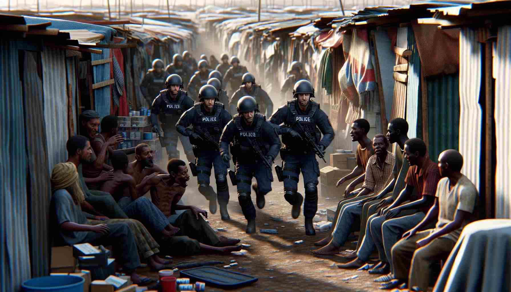 A high-definition, realistic visual representation capturing the moment of a police raid. The setting is a shanty town, with closely-packed makeshift structures. The police officers - a diverse group of men and women of various descents (Caucasian, Hispanic, Black, Middle-Eastern, South Asian) - are storming in to uncover a criminal network. The inhabitants of the camp, appearing startled, are of Romany descent. The scenario features a tense atmosphere, symbolizing law enforcement's encounter with organized crime.