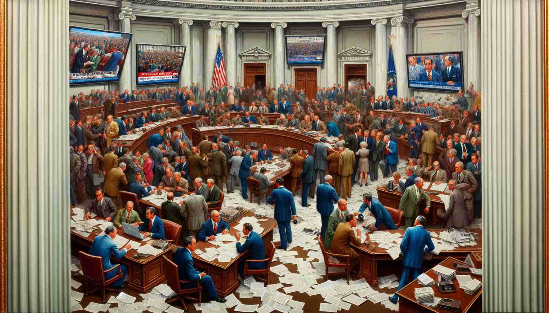 An intriguing scene depicting a day full of happenings and political events taking place in a governmental building. The hustle and bustle of politicians, of various descents and genders, engaged in serious discussions, debates, and negotiations. Details such as papers strewn about, wide-screen televisions displaying news channels in the background, and excited journalists trying to catch the moment should be emphasized for added realism. Please generate the scene in high-definition for enhanced detail and realism.