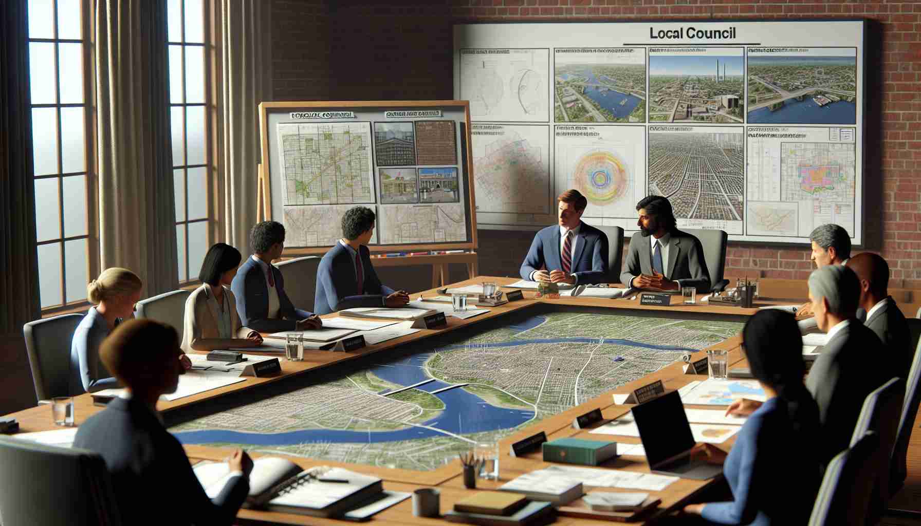 High-definition, realistic illustration of a local council meeting taking place. The table is cluttered with maps, blueprints, and architectural plans. The members—a Caucasian man and a South Asian woman, both professionally dressed—are in deep discussion. Displayed on a whiteboard in the background are some newly proposed initiatives aimed at improving the area's resilience in the bleak aftermath of a recent natural disaster. Around the room, you can see signs of activity and urgency, reflecting the gravity of their task at hand.