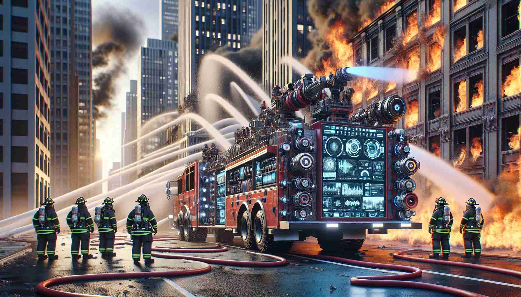 High Definition, realistic depiction of a state-of-the-art firefighting technology revolutionizing the field of emergency response. This image should show a high-tech fire engine employing new methods to extinguish a raging fire in an urban setting, with firefighters of diverse descents and genders efficiently using this new technology. Include the detailed appearance of all the components involved, like the fire hose, the digital interface on the truck, and the futuristic firefighting gears. The scene should be filled with the intense action of the emergency scene while also showcasing the incredible advancement of modern technology.