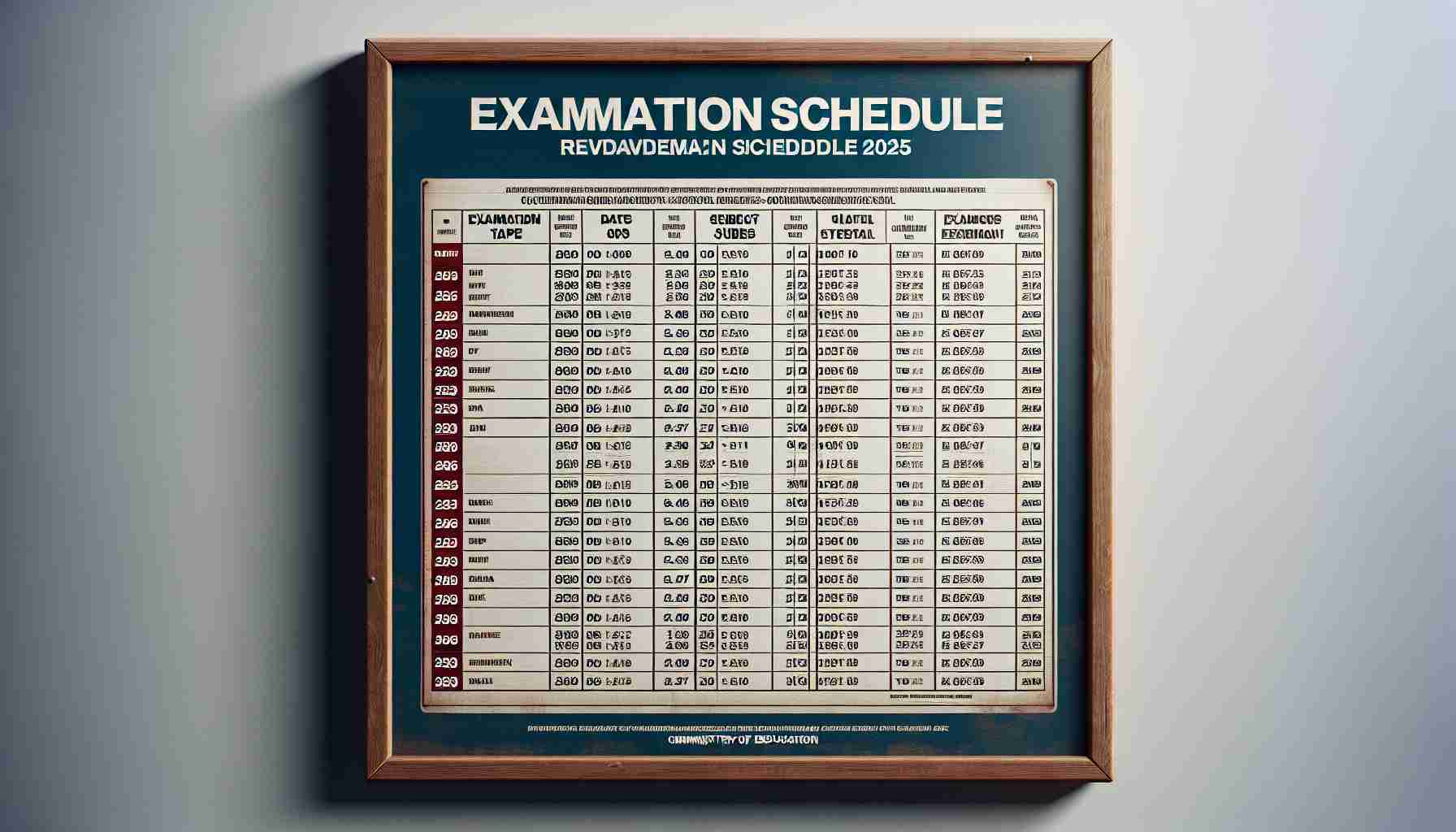 A high-definition, realistic image of a notice board displaying the revamped examination schedule for the year 2025. The schedule is announced by a nation's Ministry of Education. The notice is in a professional format with dates and subjects clearly listed in a tabular form. Emphasis on the title 'Examination Schedule 2025' which is bold and at the centre-top of the notice.