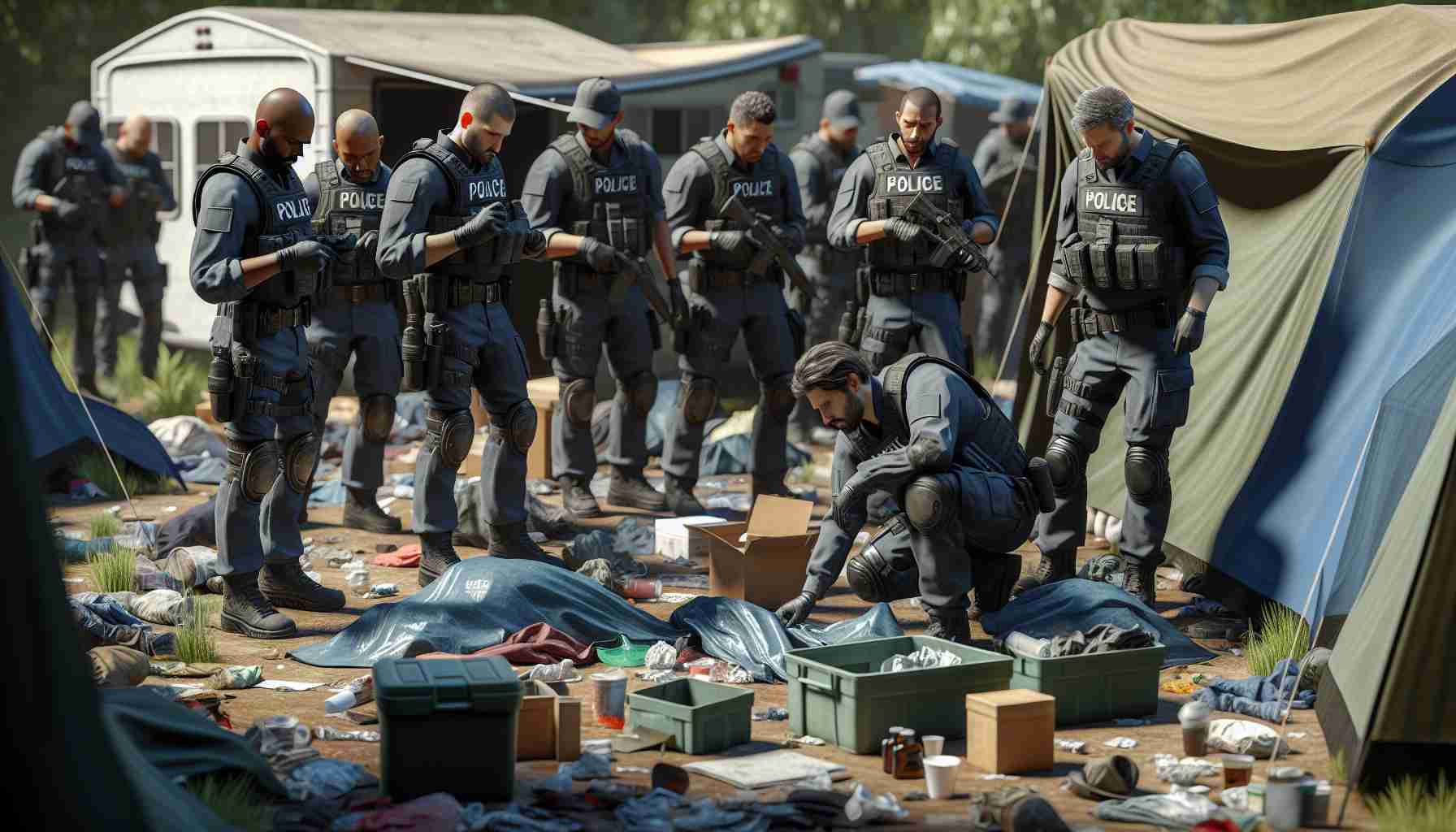 High definition realistic image presenting a scene of a law enforcement operation in progress at a makeshift campsite. The policemen, of diverse descents and genders, are currently uncovering evidence of illegal activities. The scene highlights the tension and the seriousness of the situation, with the officers meticulously searching tents, and the belongings scattered around.