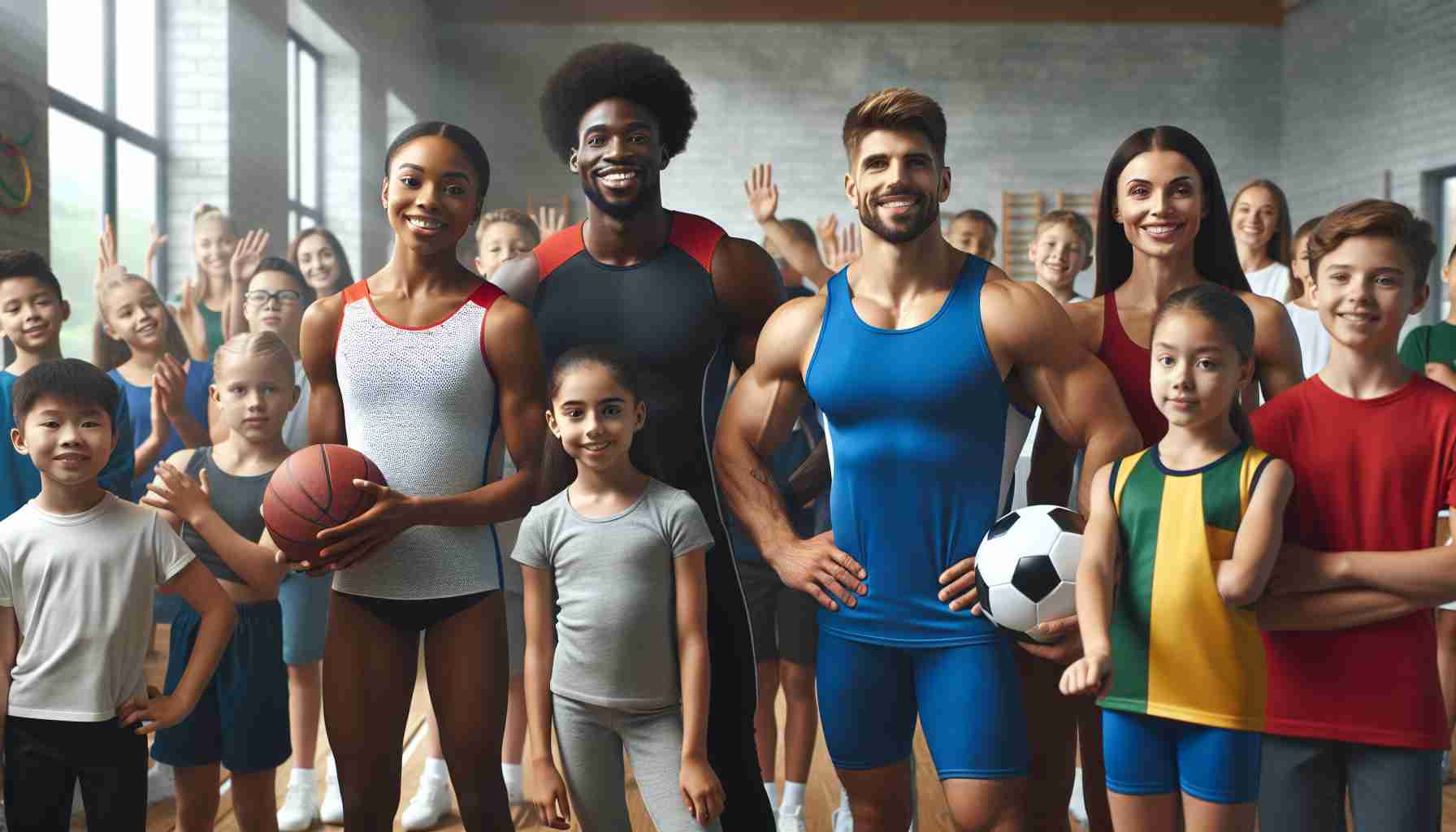 Realistic high definition image of diverse, inspirational Olympians including a Caucasian female gymnast, a Black male sprinter, a Middle-Eastern female swimmer, and a Hispanic male weightlifter. They are visiting a school and actively encouraging the students to participate in diverse sports activities. The athletes and students are all wearing casual sports gear, smiling, and the atmosphere is filled with enthusiasm and passion for sports.