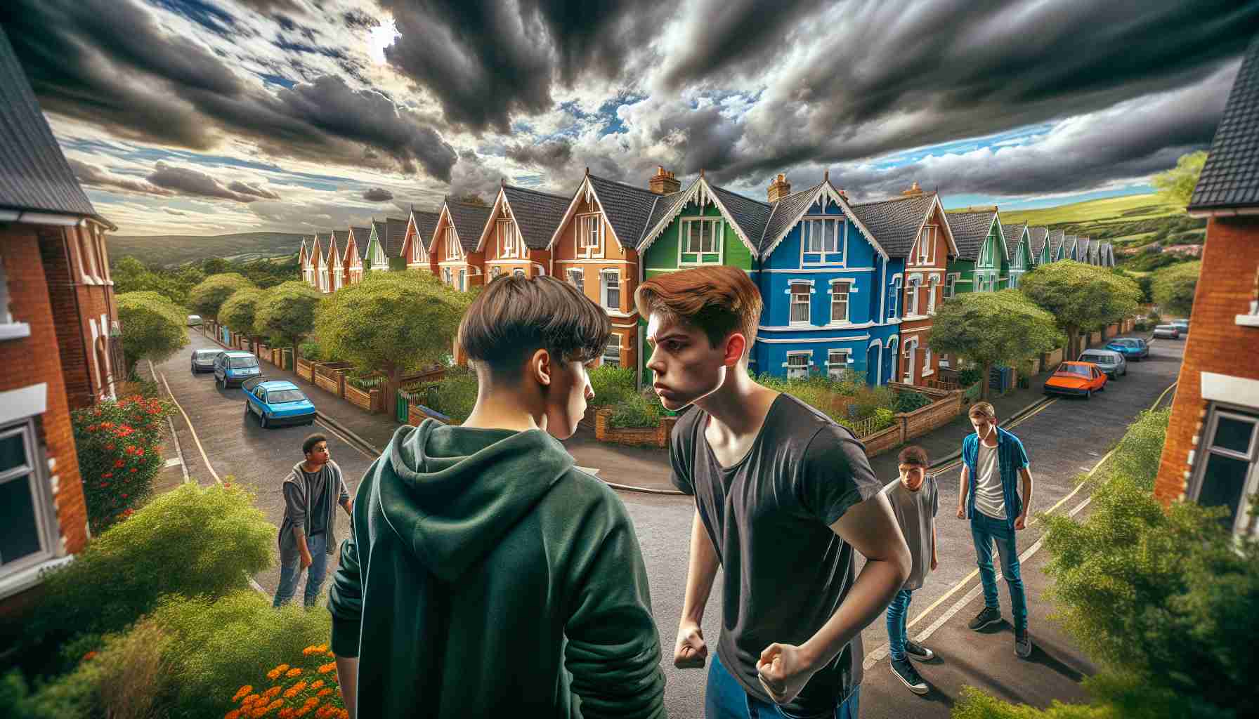 A realistic high-definition image showing an unfortunate incident where adolescent individuals of diverse descents and genders have a confrontation in a local neighborhood. The lush green residential area is visible in the backdrop with the street lined with distinctive, colorfully painted houses. The sky overhead is partially cloudy, casting a dramatic mix of shadows and light across the scene.