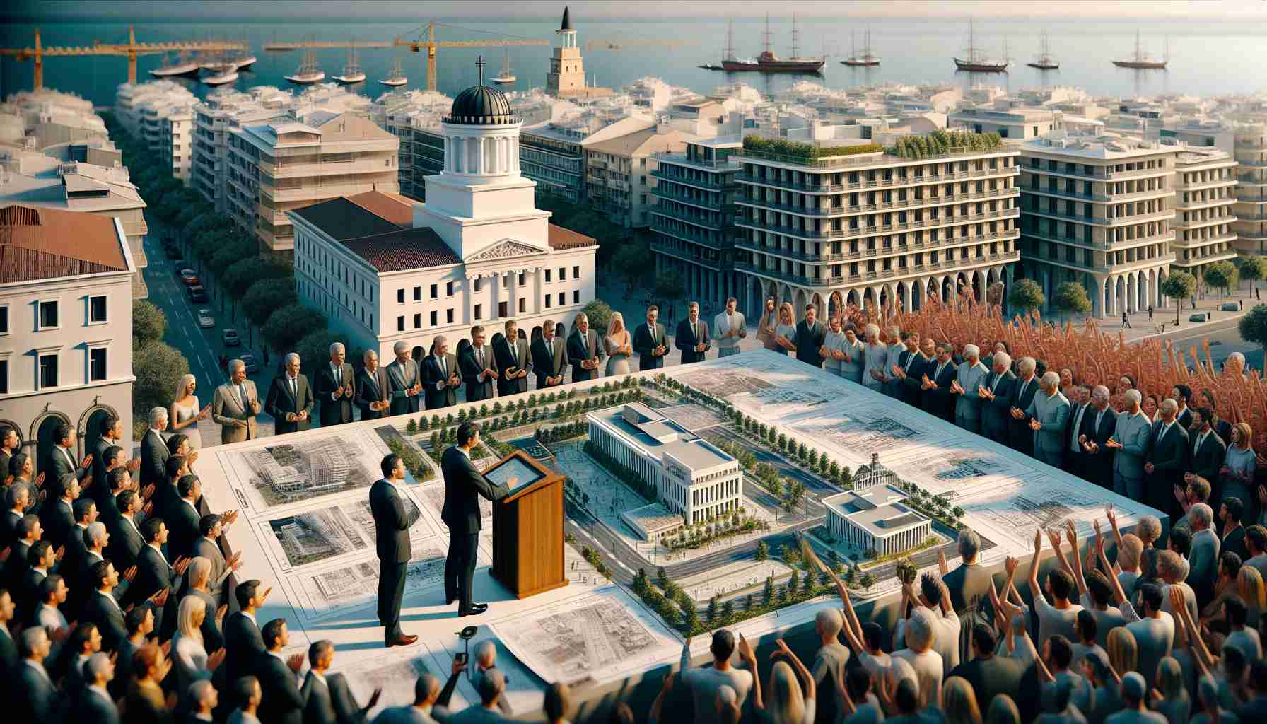 A detailed, high-definition image showcasing the unveiling of novel structures and facilities by governmental authorities in the city of Thessaloniki, Greece. The scene captures the vibrancy and thrill of the moment, with key representatives presenting design blueprints, models and informative placards to an enthusiastic crowd. Historic buildings and the city's signature white tower can be seen in the background, complementing the innovative changes that are set to transform the cityscape. Carefully notice the attention to detail in the architecture, audience reactions, and ambient lighting.