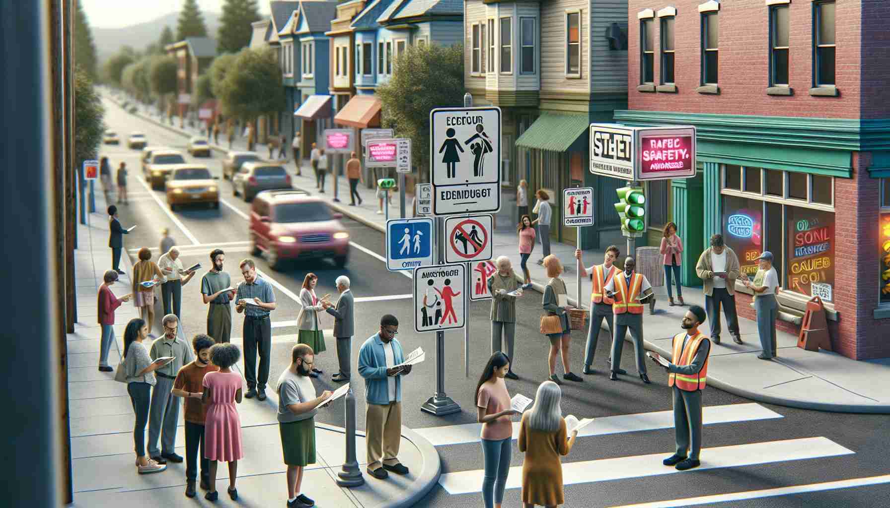 An elaborately produced high-definition photo depicting a new community initiative focused on enhancing traffic safety awareness. The image features details such as volunteers from diverse descents and genders handing out informative pamphlets to pedestrians and drivers, bright signs containing safety messages at key locations, and local residents of different ages and backgrounds learning and actively participating in the initiative. The setting should exemplify a neighborhood-like setting where you can see local shops, parks, and traffic lights.