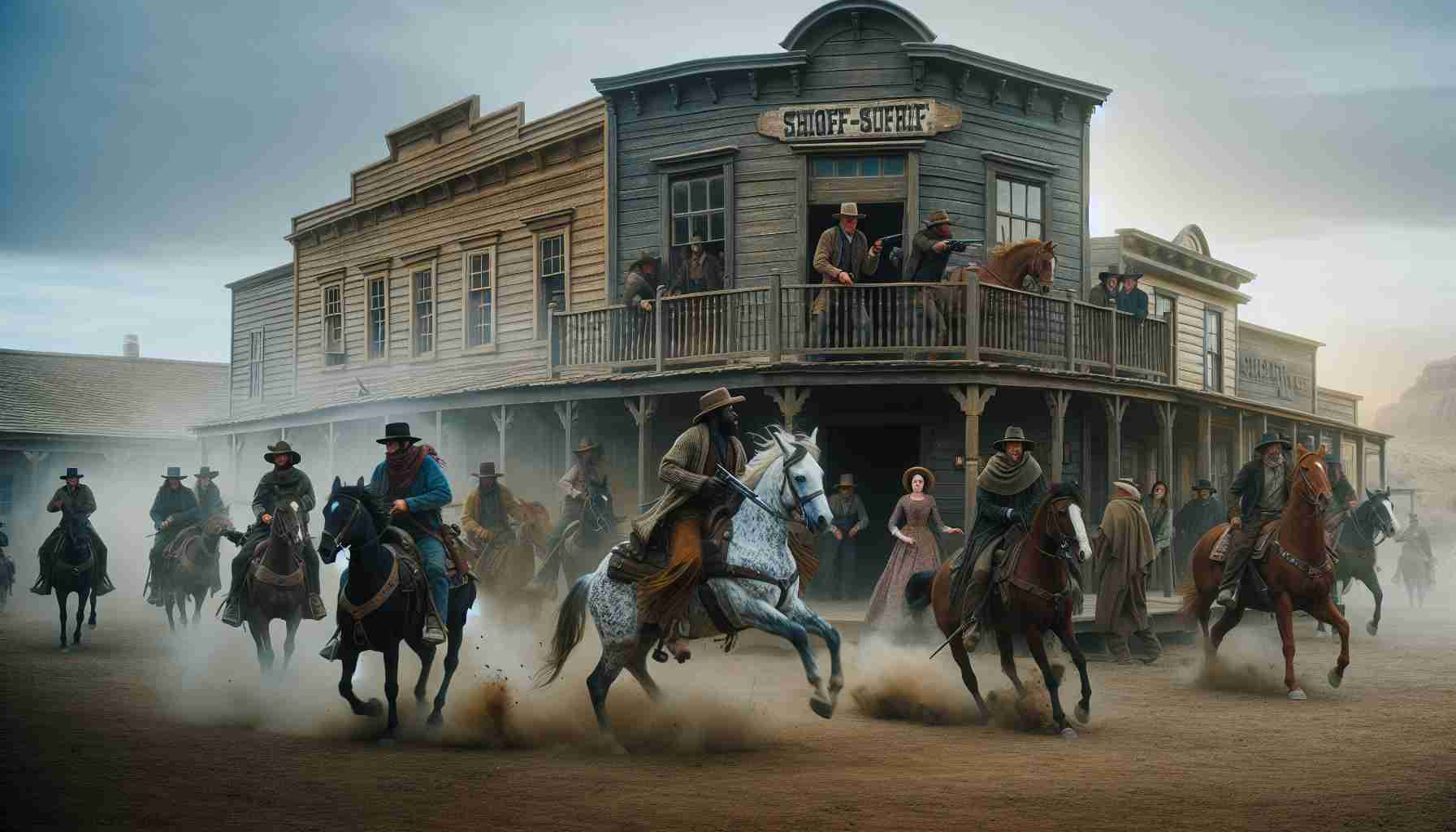 A realistic, high-definition portrayal of a Wild West-style heist causing shock in a quaint, small town. The scene showcases a group of robbers with traditional cowboy attire and rustic weapons, on horse-back. Buildings of the town appear antique, made of wood, with a classic swing-door saloon and a sheriff's office. Local townspeople, both Caucasian and black men and women, are seen reacting with surprise and apprehension. Dust is being kicked up by the horses, adding to the dramatic effect of the scene.