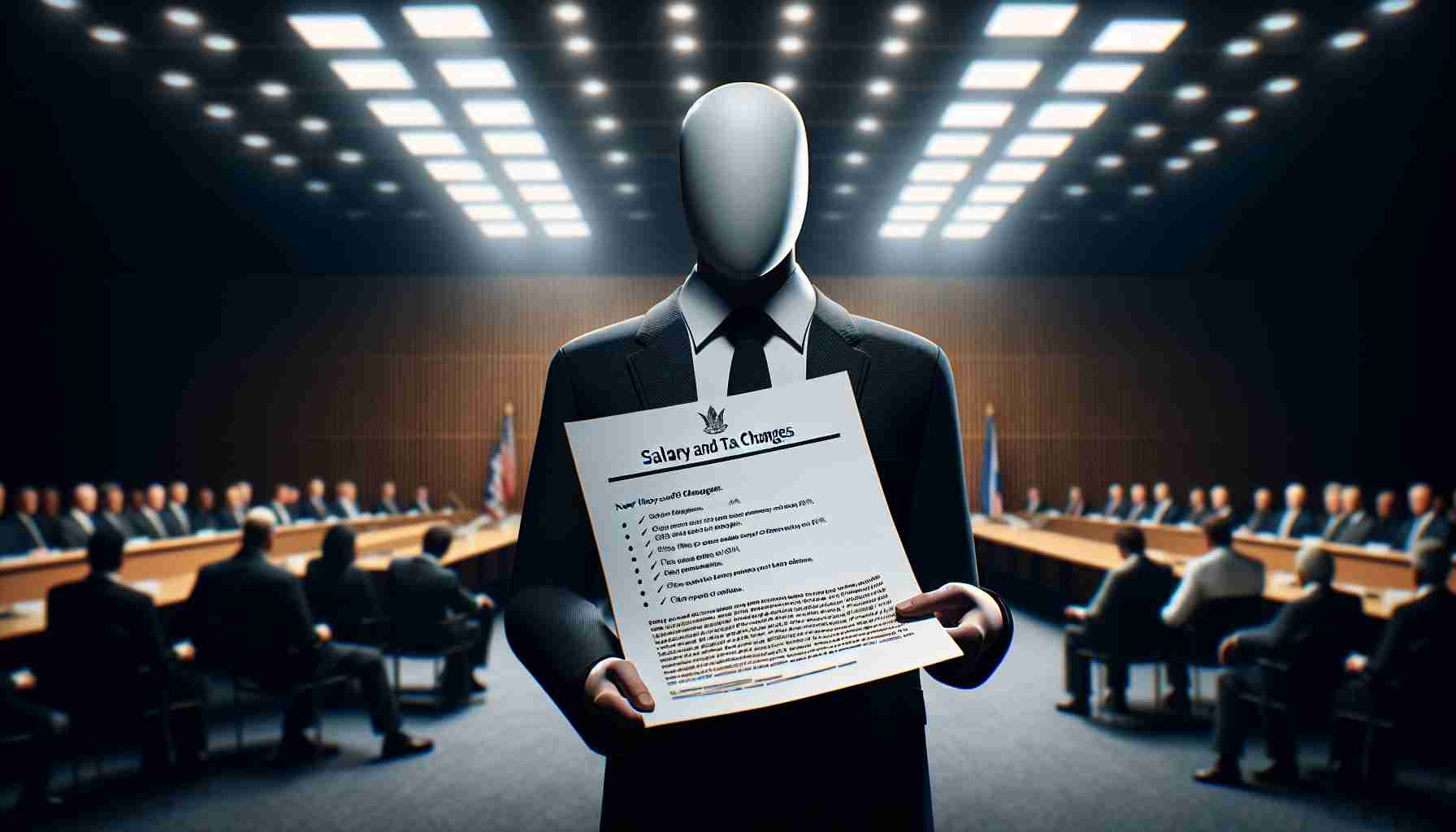 Create a realistic, high-definition image of a document outlining new salary and tax changes, along with a faceless, yet identifiable, governmental authority figure presenting it. The atmosphere should be serious and formal, with the setting being a conference hall illuminated by overhead lights casting a gentle glow on the document with the changes. For a touch of authenticity, design the governmental figure in a professional outfit, perhaps a tailored suit, with the posture reflecting confidence and authority.