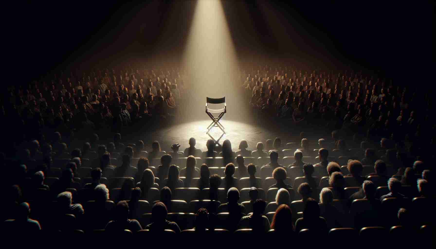 Generate an image of a cinematic stage. The atmosphere is thick with a sense of farewell. A crowd of people of all genders and various descents gathers in the audience, their faces reflecting a variety of emotions, from sadness to deep respect. Center stage, an unusually empty director's chair is spotlighted under a soft glow, a symbol of the departed actor. The light shines on the chair, highlighting its vacant form, creating a profound and heartbreaking moment of silence, a tribute to the beloved performer, sans any specific details about their identity.