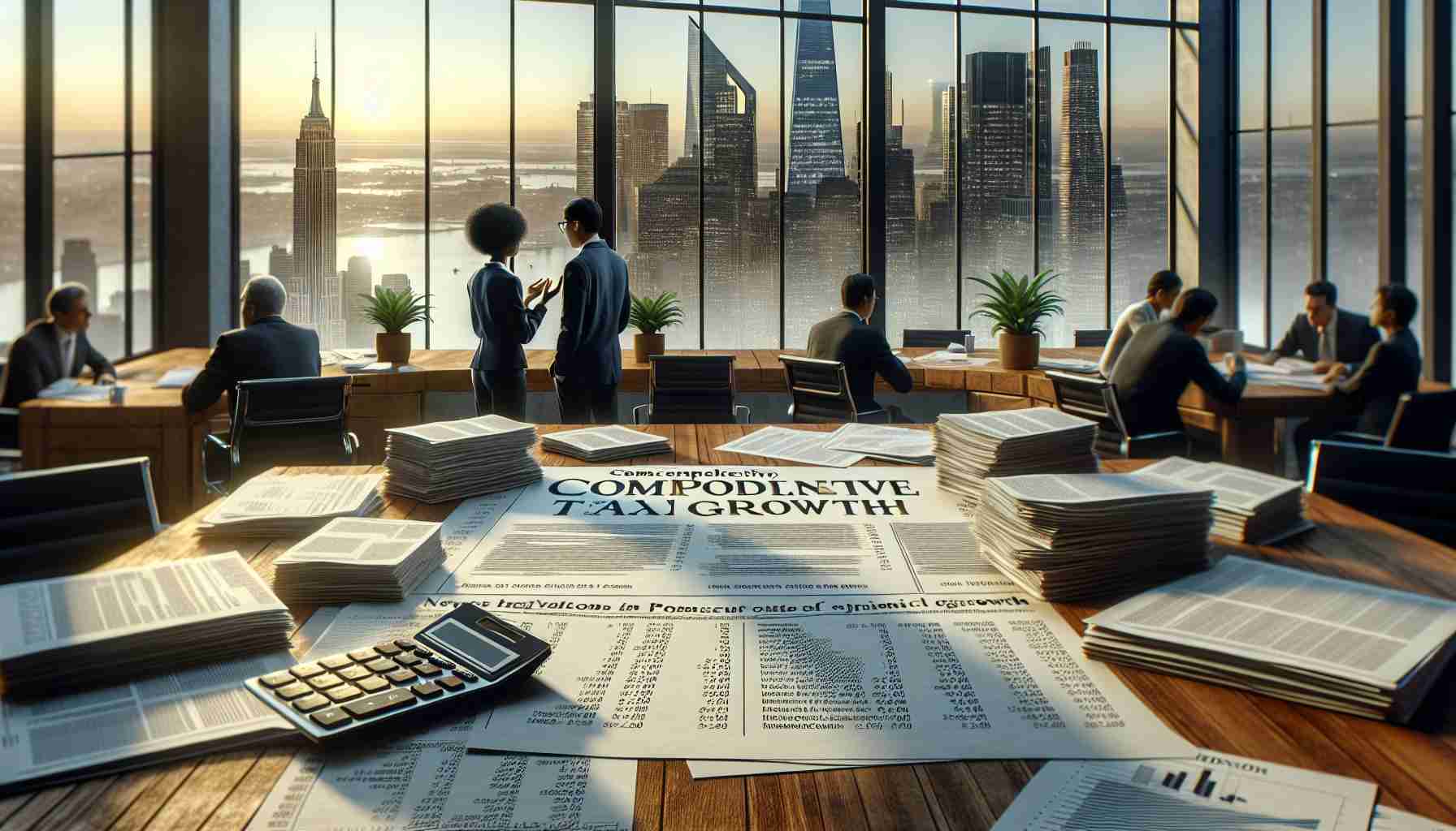 A photorealistic HD image designed to represent comprehensive tax reforms being initiated in pursuit of economic growth. Shortly after sunrise, stacks of papers, financial charts, and calculators dominate a wide wooden desk in a vast, modern, and glass-walled office which overlooks the bustling heart of the financial district. The papers are strewn with phrases of proposed new tax codes and bold headers proclaiming 'Economic Growth'. In the foreground, two individuals are engaged in deep discussion - a middle-aged Black woman in a navy suit, and a young Asian man in a beige sweater.