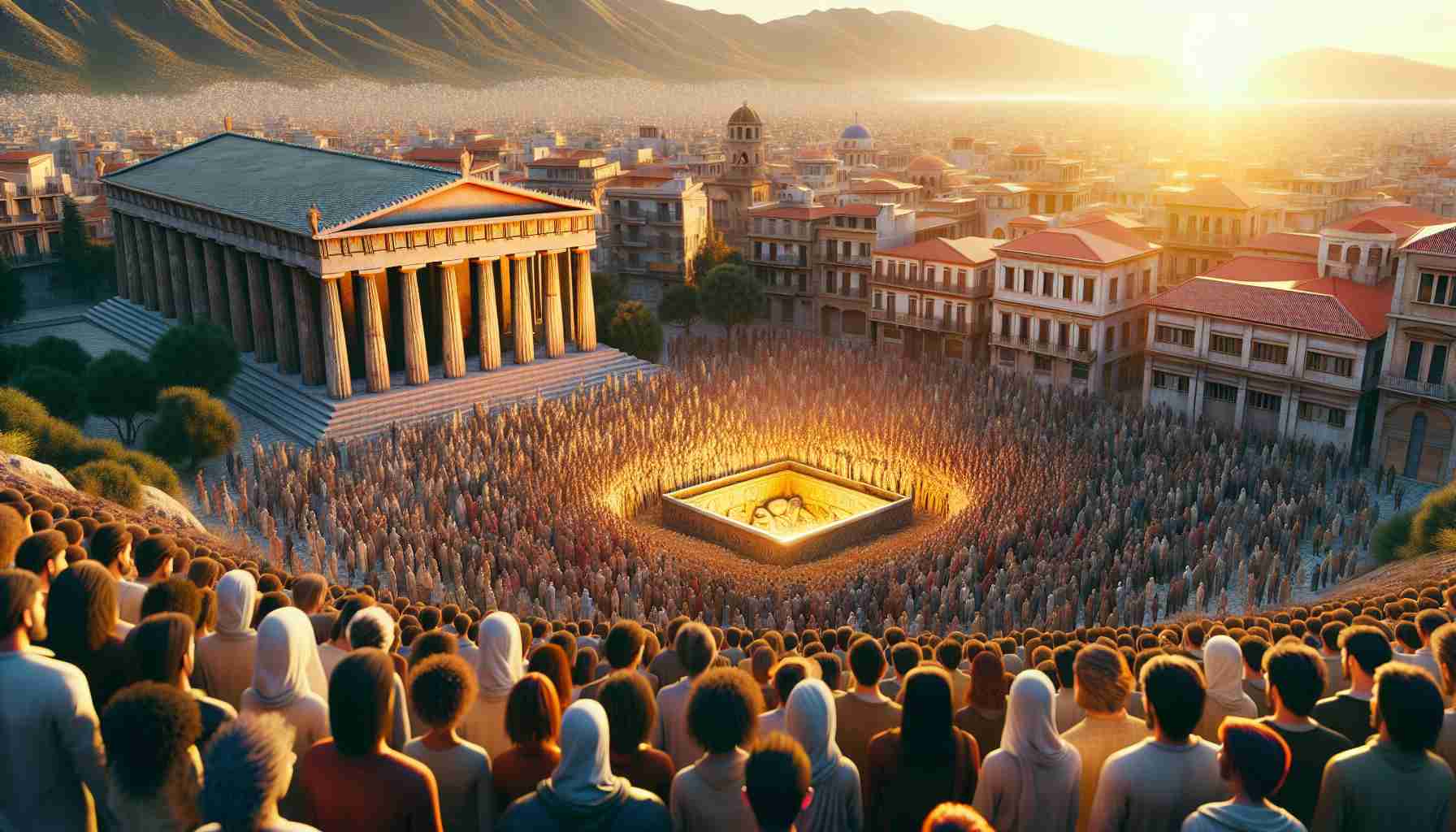 High-definition, realistic imagery of an extraordinary discovery being made in the city of Patras, Greece. The scene conveys surprise, perhaps a rare artifact found within the serene landscape of the city, bounded by ancient architecture and the natural beauty. The sun is setting, casting a warm, golden light on the discovery and the faces of the people. Among the crowd, one can see an array of different descents such as Caucasian, Middle Eastern, and South Asian genders evenly split among men and women, reflecting a wide representation of the global tapestry of human diversity.